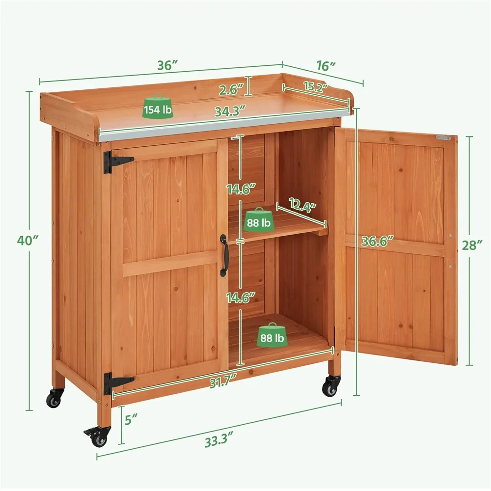 SOPEV Garden Potting Bench Table, Outdoor Garden Horticultural Wooden Storage Cabinet & Solid Wood Planting Work Bench with Large Space Storage & Metal-Plated Tabletop,Brown