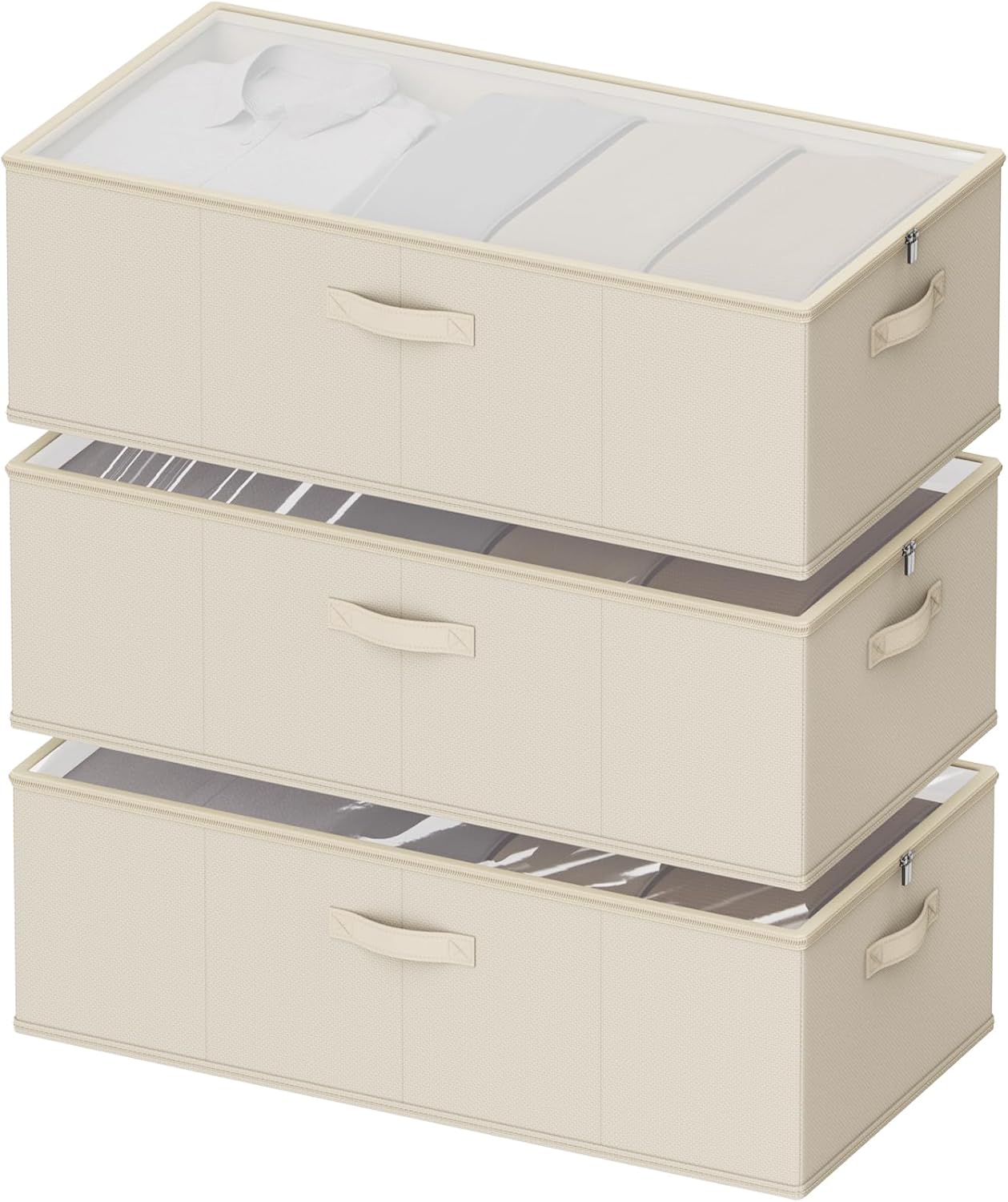 10inch 3 Pack Under Bed Storage Containers, 10 Inch Tall Underbed Clothes Storage Organizer Bin with Clear Window, Foldable Box Basket for Clothes, Closet, Bed Sheets and Blankets Beige