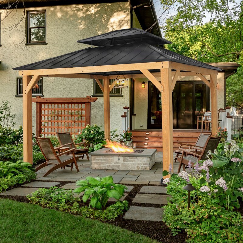 Gazebo de patio en bois massif de 13 pi de largeur x 11 pi de profondeur