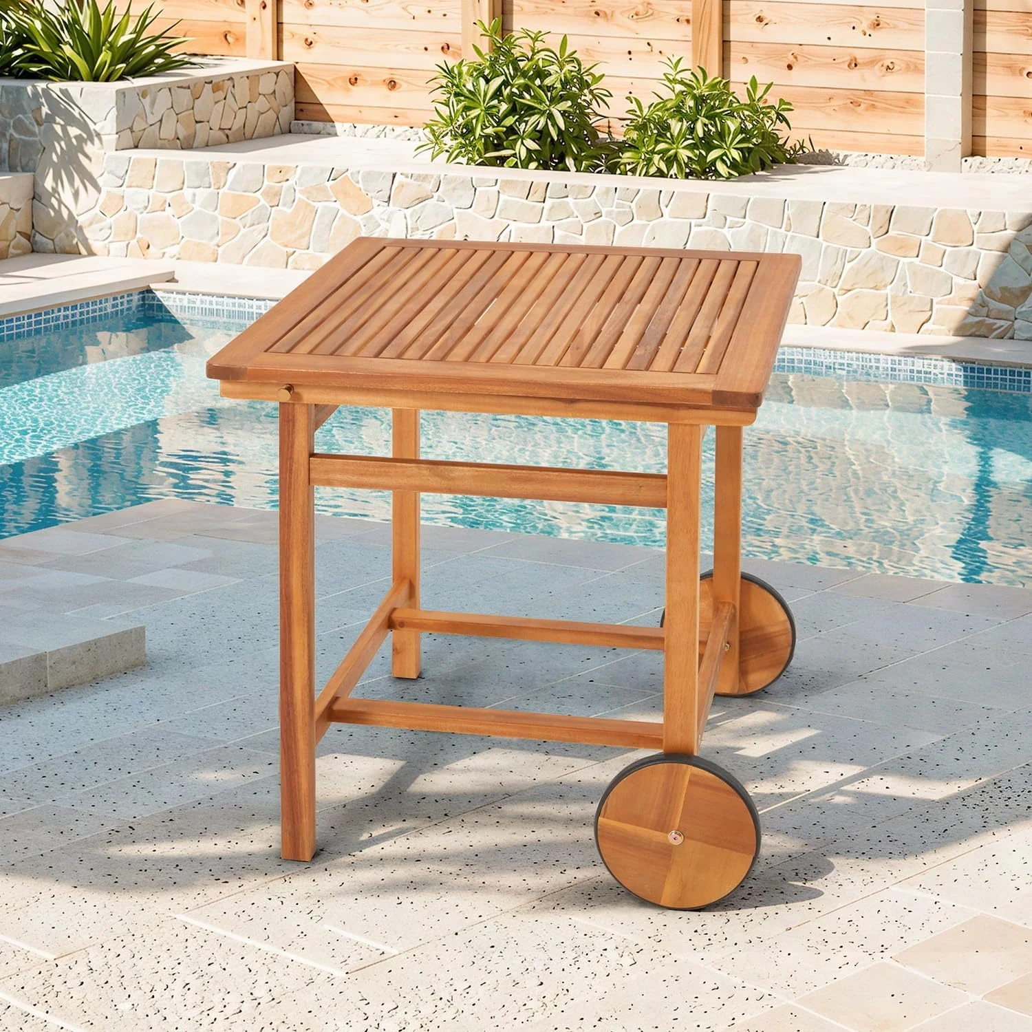 AECOJOY Acacia Wood Outdoor Dining Table for 4, Foldable Top Patio Table with Wheels