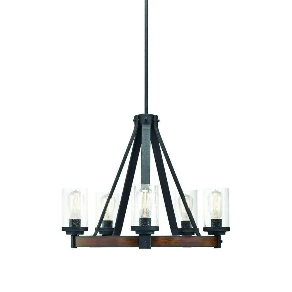 5-LIGHT Distressed Black and Wood Tone Rustic Clear Glass Candle Chandelier