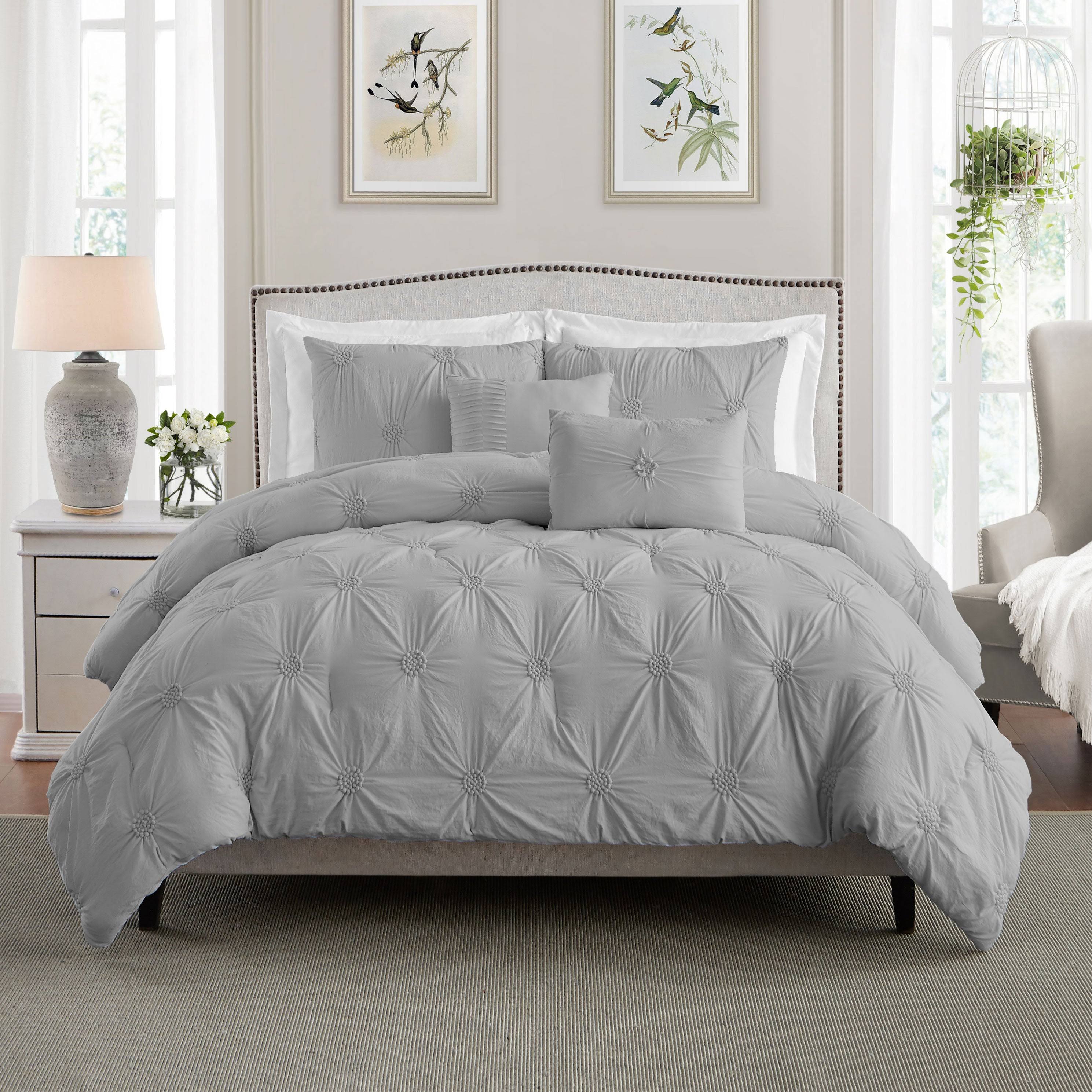 Swift Home Floral Pintuck Comforter Set, Grey, Twin