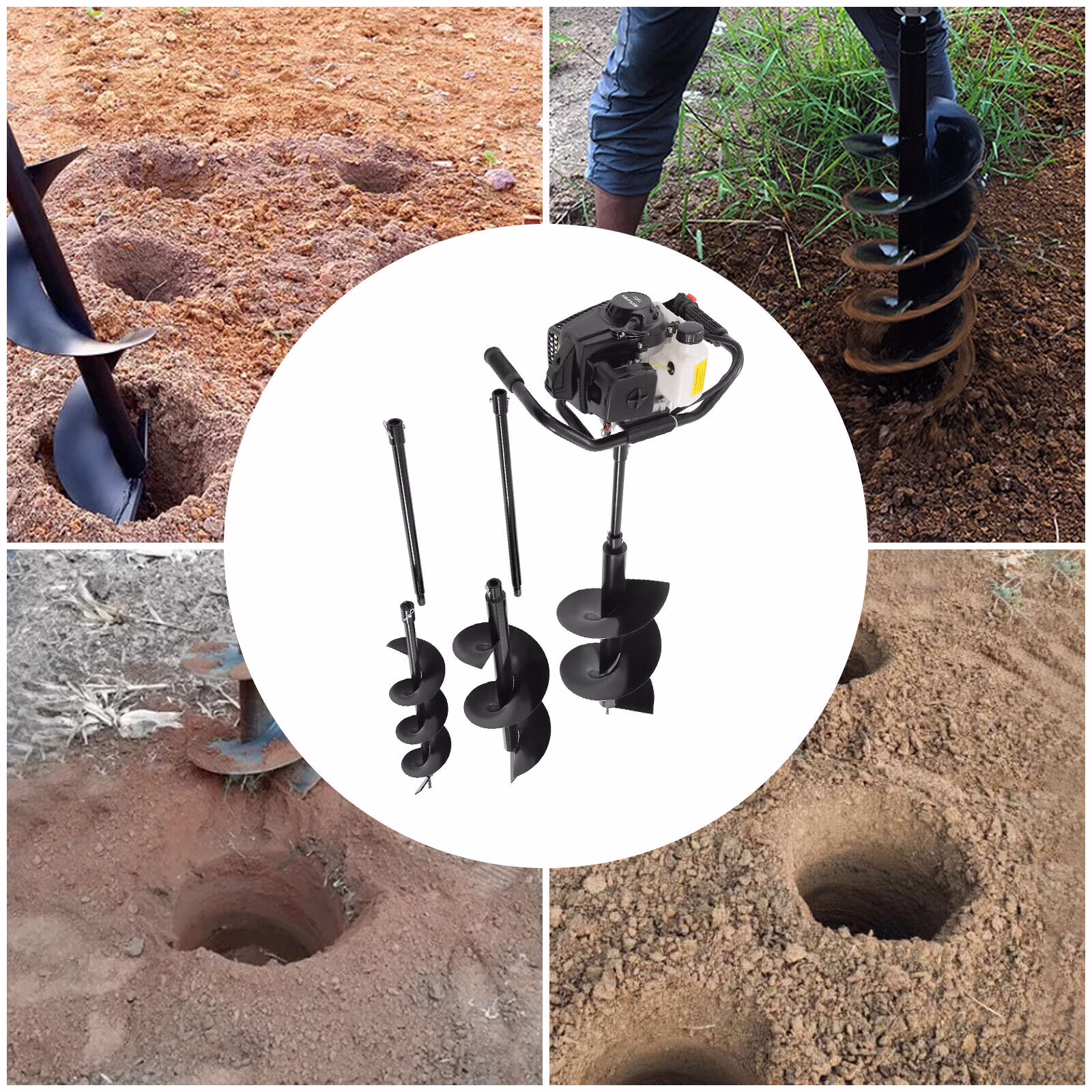 72cc Post Hole Digger 2 Stroke Petrol Gas Powered Earth Digger with 3 Auger Drill Bits+ 3 Extension Rods for Farm Garden Plant
