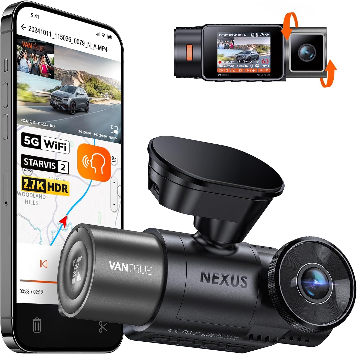 Vantrue N2X 2.7K Dash Cam Front and Inside  5G WiFi Dual Dash Camera for Car with HDR IR Night Vision  STARVIS 2  GPS  2.5K/60FPS  G-Sensor  24/7 Parking Mode  Voice Control  Support 512GB Max