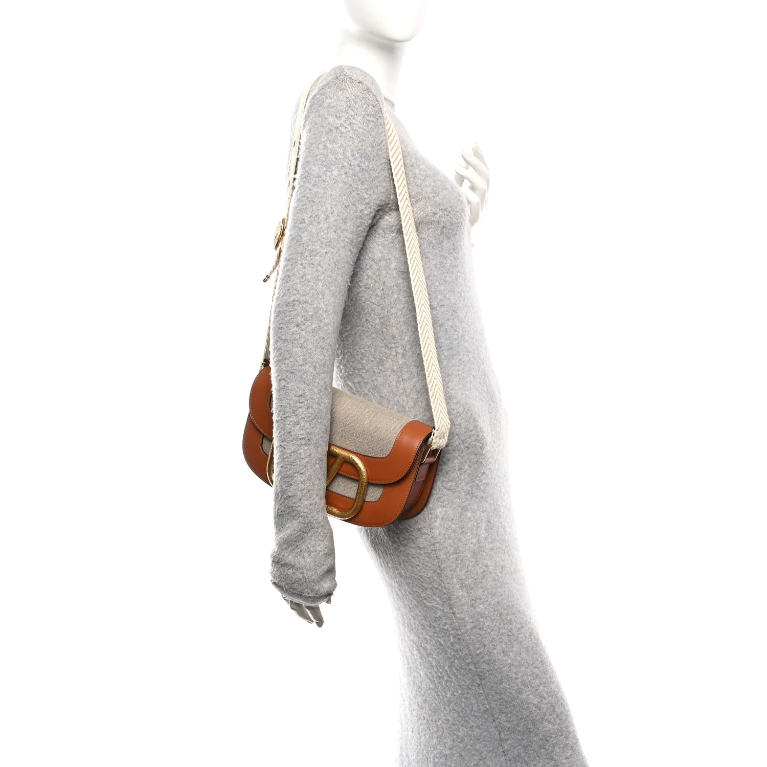 Calfskin Linen Supervee Crossbody Bag Saddle Brown Natural