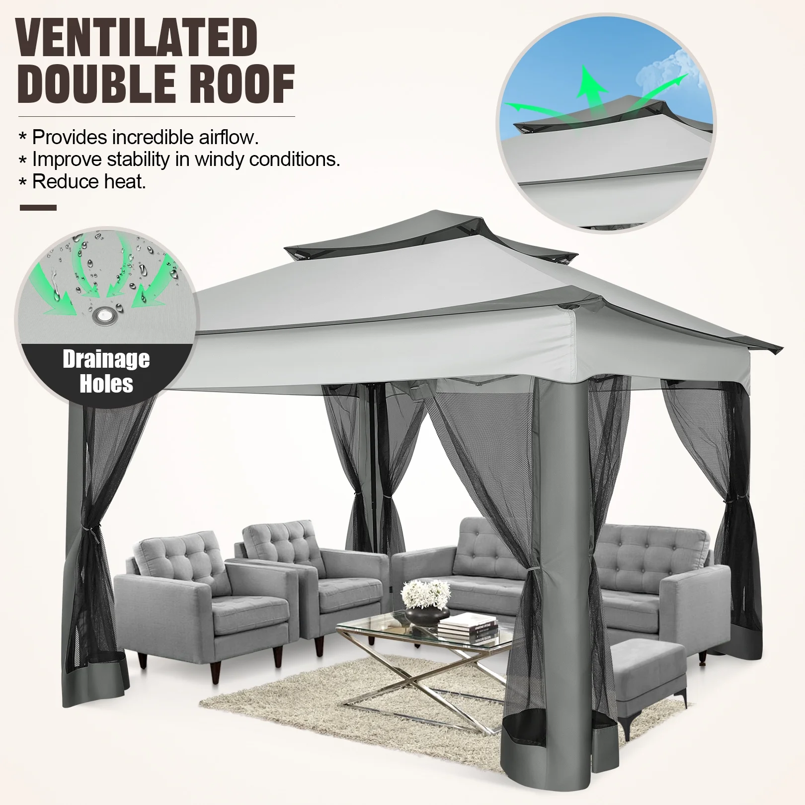 11x11 Outdoor Waterproof Gazebo, Pop up Canopy Gazebo with Mosquito Netting UV Protection for Parties, Camping, Weddings, and Backyard Events, Gray(11 x 11/Gray) - Image 2