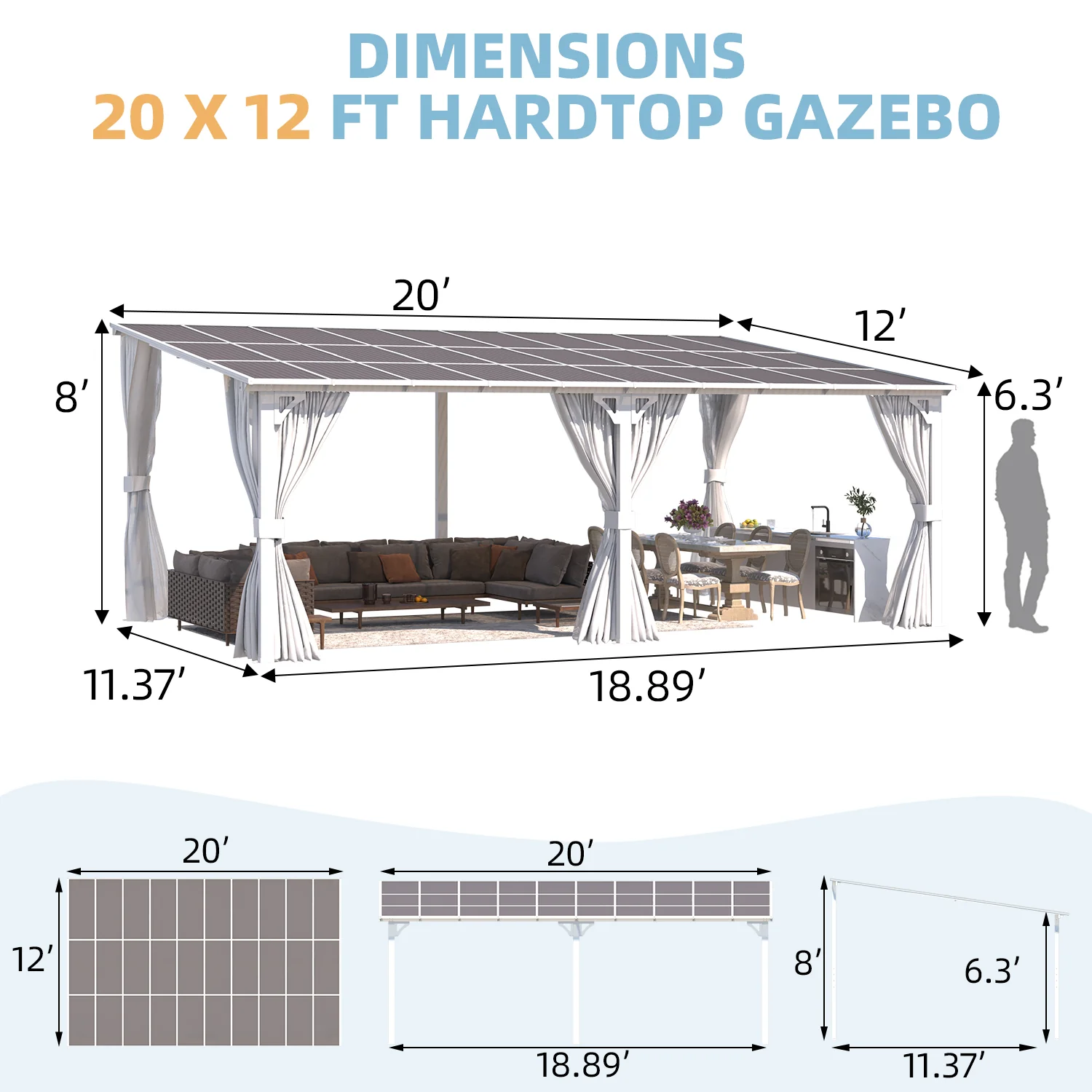 AECOJOY 20'x12' Wall Gazebo with Curtains and Mosquito Netting, White