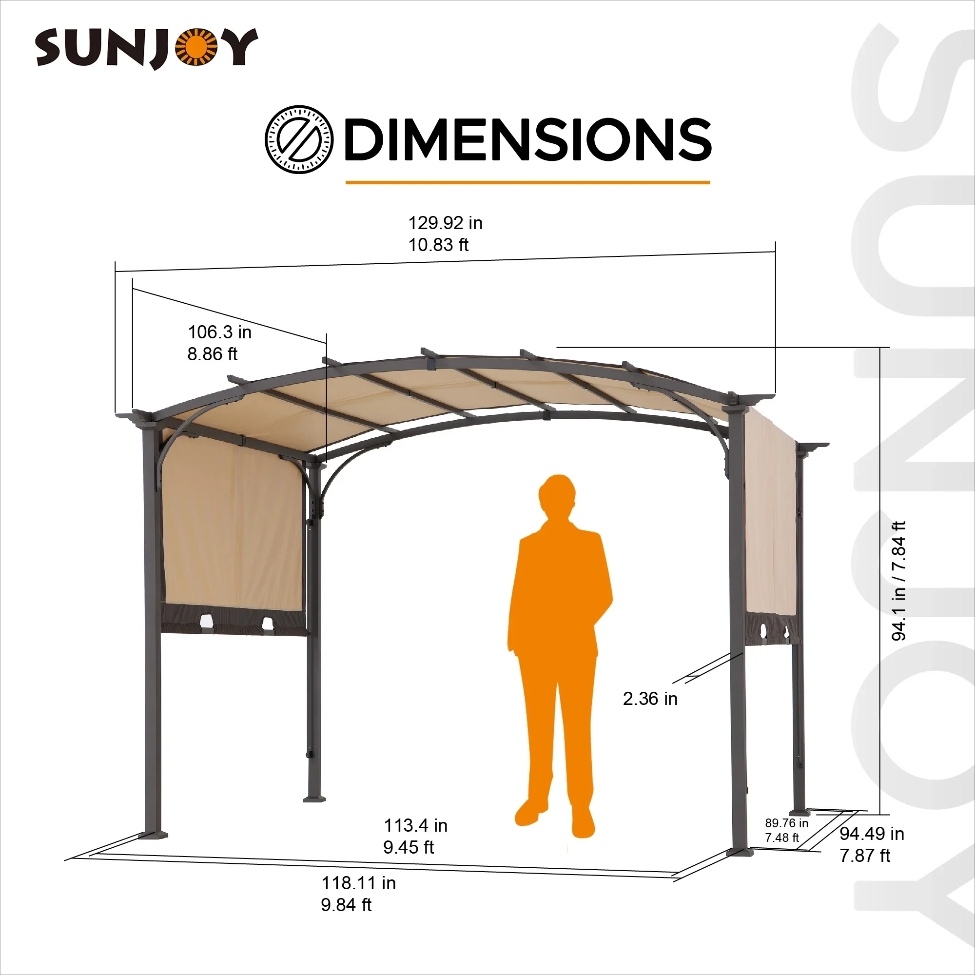 Sunjoy Lindt  9.5 x 11 ft. Outdoor Steel Arched Pergola with Adjustable Canopy for Patio, Backyard, and Garden, Tan & Brown