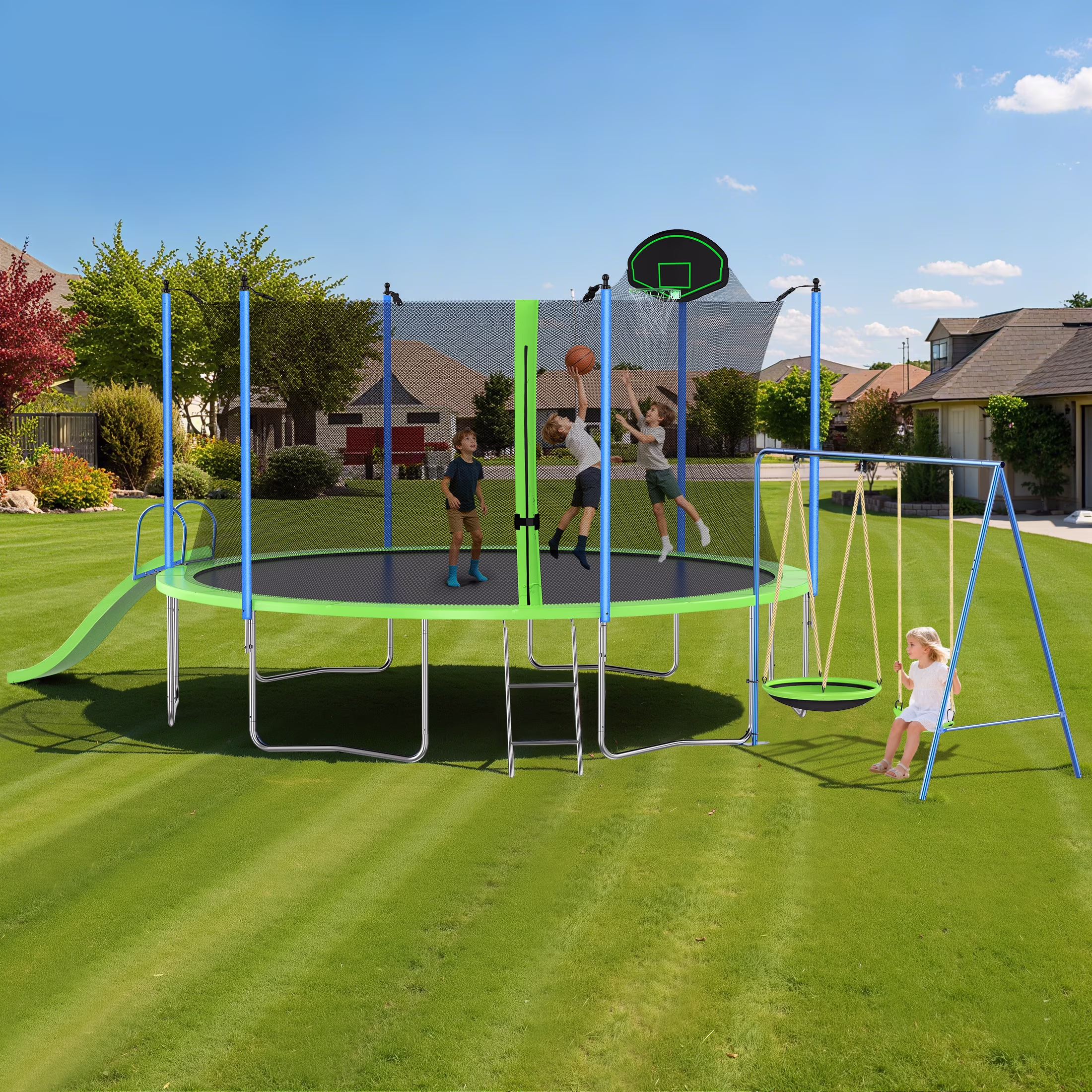 12FT Trampoline with Slide, Swings, Recreational Trampoline with Basketball Hoop and Ladder, Heavy Duty Outdoor Backyard Trampoline with Net for Kids and Adults, Green(Green 12FT)