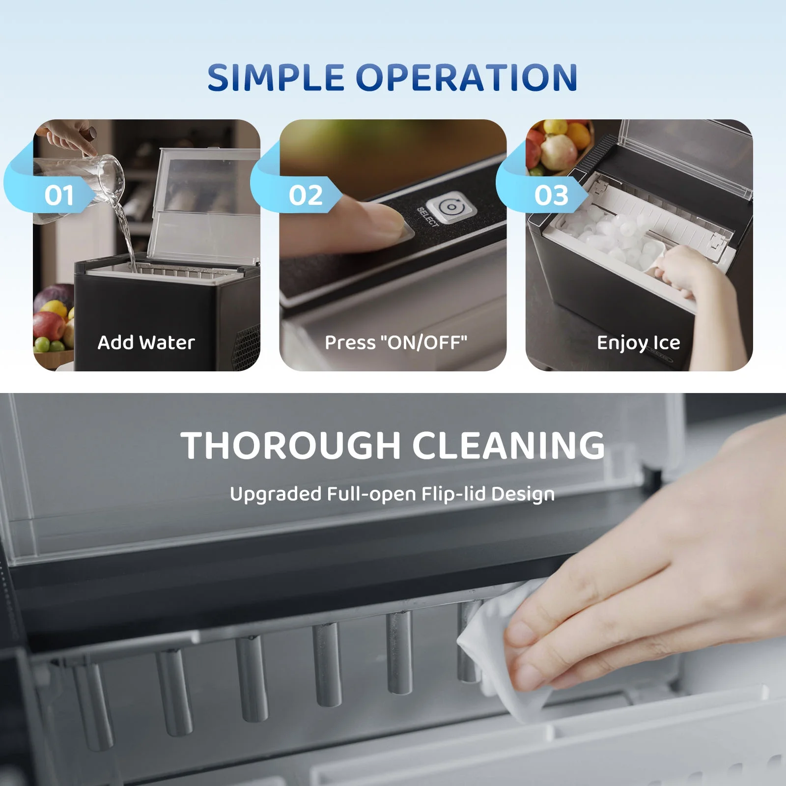 Countertop Ice Maker, 9 Bullet Ice Cubes in 6 Mins, 2 Ice Sizes, 26 lbs/24H with Removable Washable Ice Tray Scoop, with Self Cleaning Function for Home/Kitchen/Camping/Party Image 5