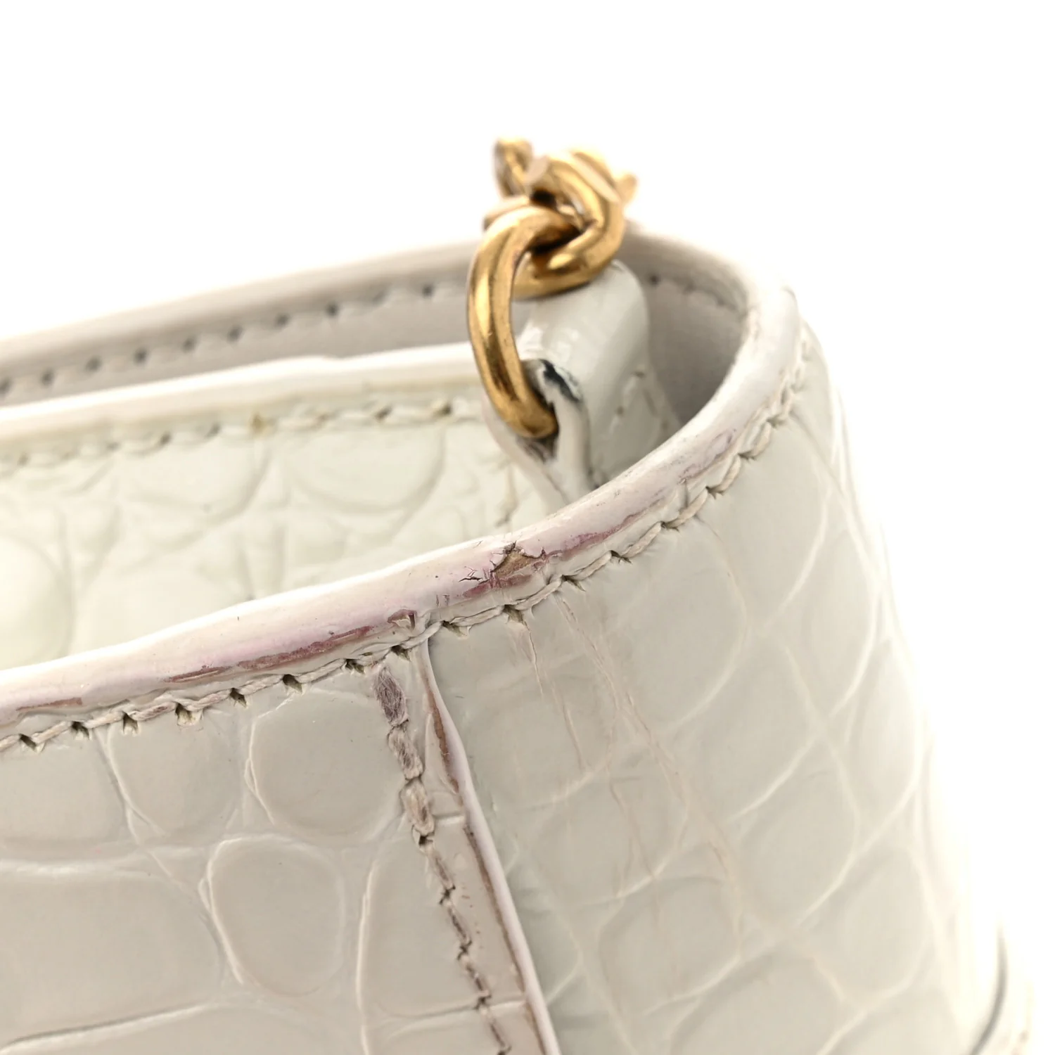 Shiny Calfskin Crocodile Embossed Hourglass Chain Bag White