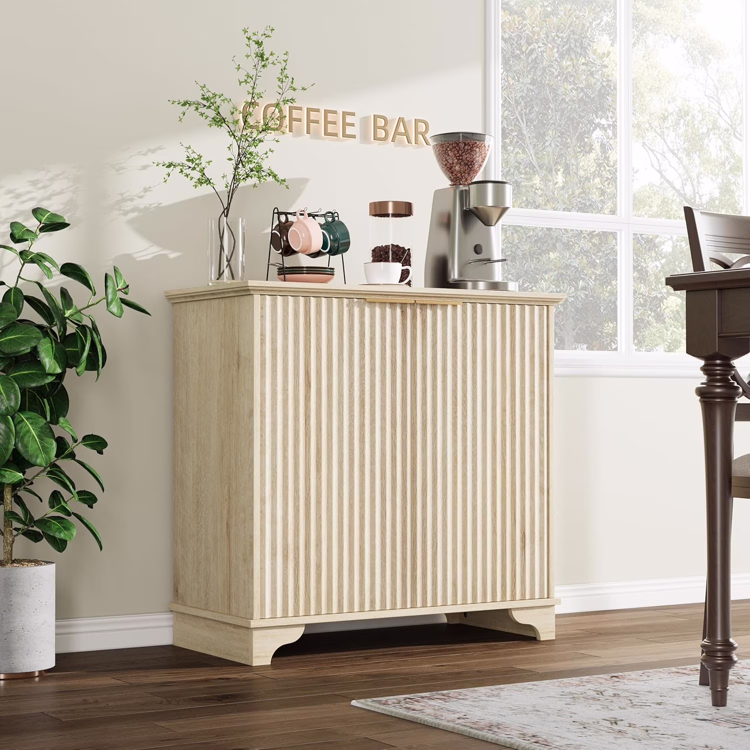 Perfect Deals Await Modern Farmhouse Coffee Bar Cabinet �?Kitchen Storage Cabinet with Fluted Doors, Sideboard Buffet with Adjustable Shelves for Kitchen, Dining Room, and Living Room,White(Dark Oak) - Image 3