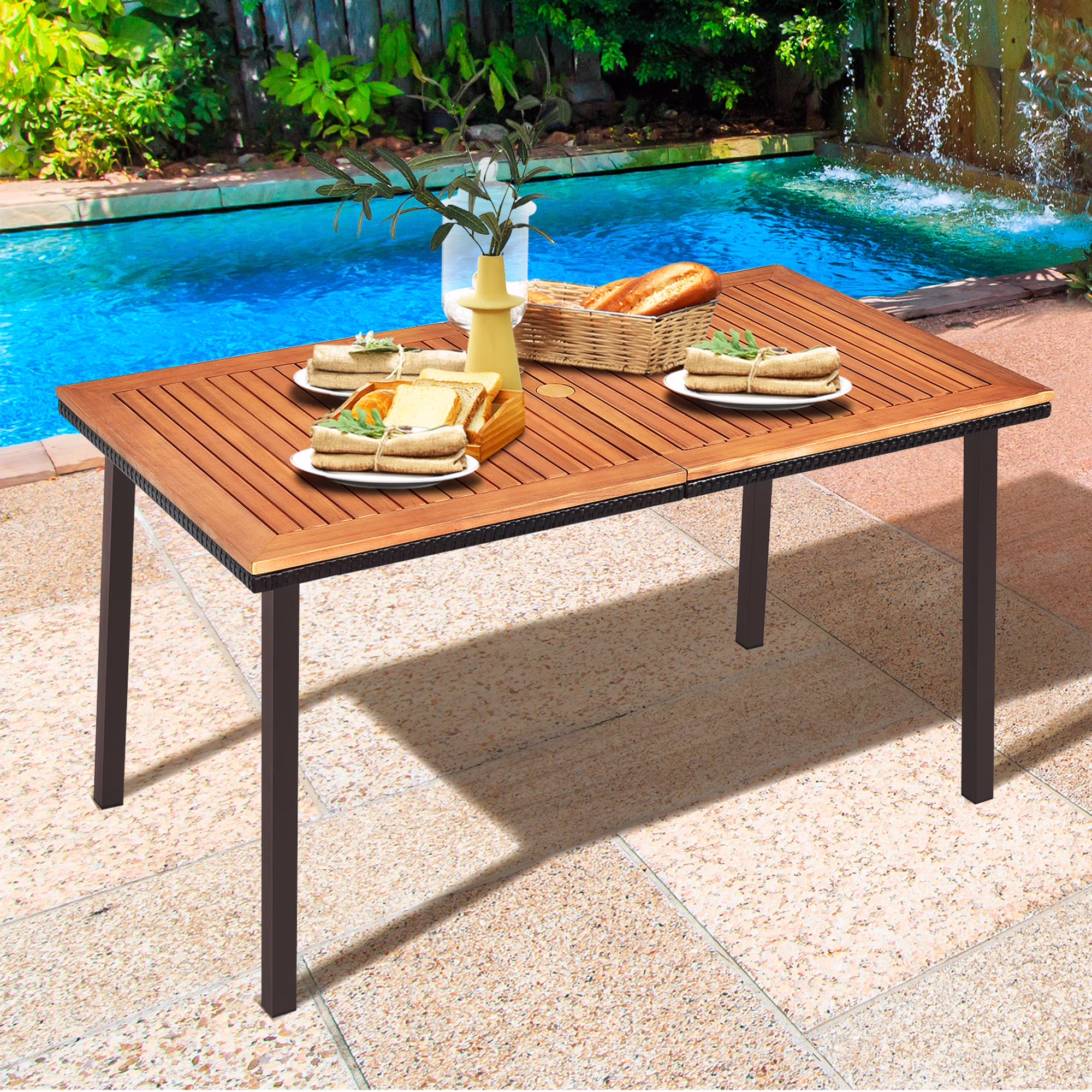 Gymax Rectangle Patio Outdoor Dining Table Acacia Wood Tabletop W/ 2'' Umbrella Hole