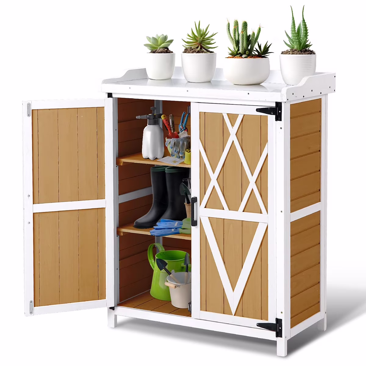 Danolapsi Potting Bench Outdoor Cabinet,Planting Work Benches with Adjustable Shelf Storage Cabinets with Metal Tabletop Double Doors Garden Work Bench for Backyard Patio Lawn