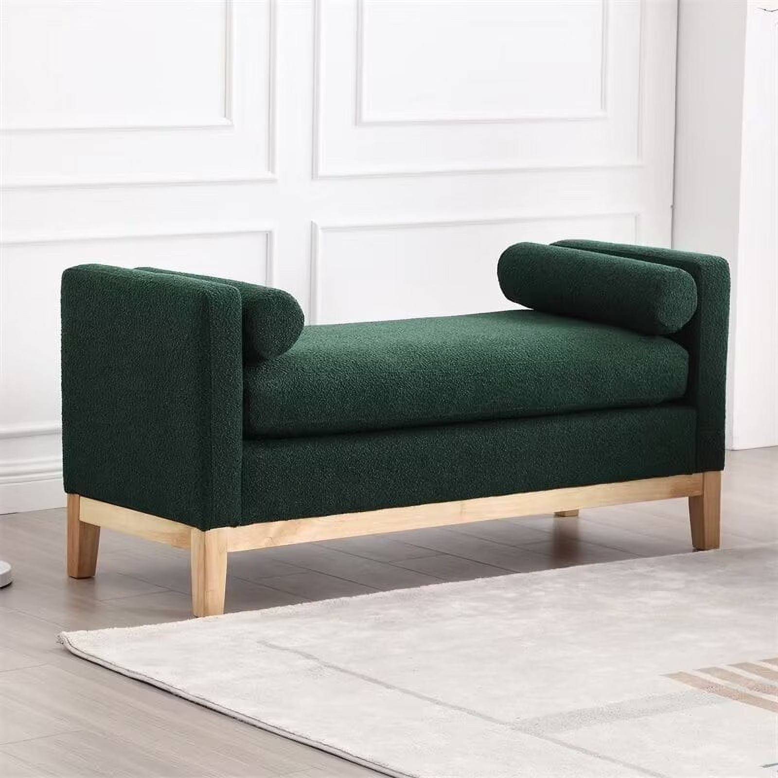 End of Bed Bench, 53.5" Boucle Fabric Upholstered Entryway Bench with Wood Legs Bolster Pillows, Rolled Arm Cushioned Ottoman Foot Rest Long Stool Window Extra Seating for Bedroom, Ivory(Ivory) - Image 9