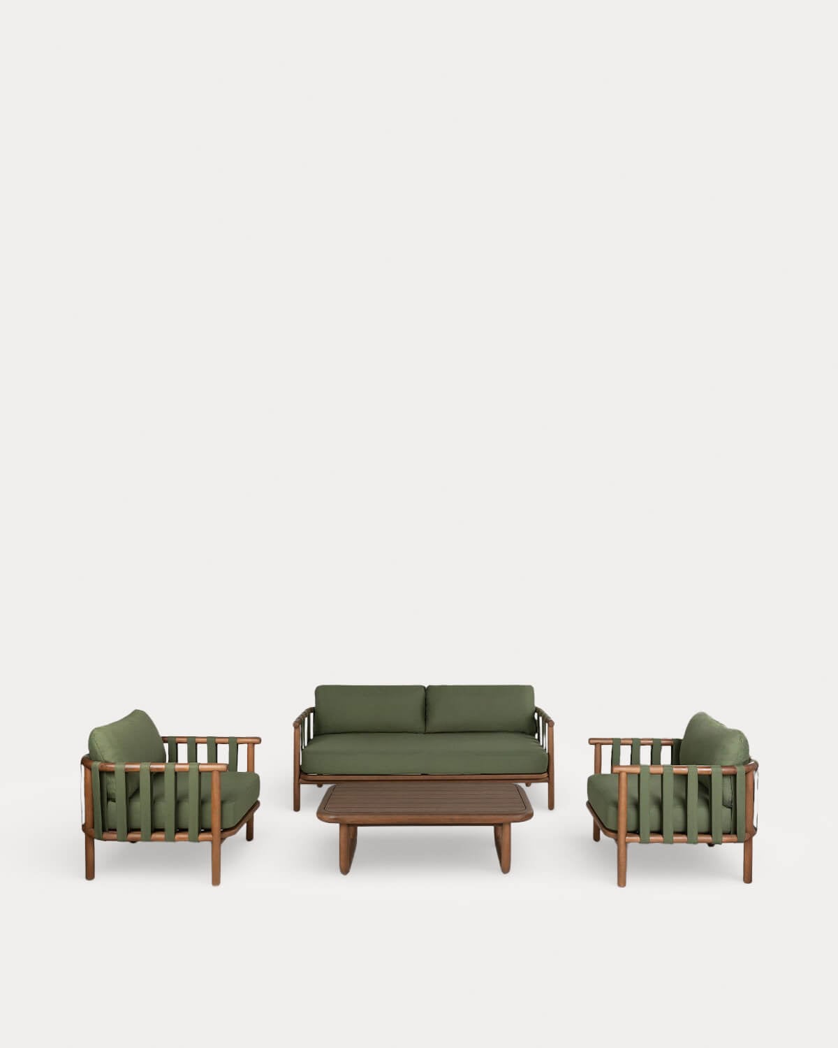 Edvard - Set de Jardín con Sofá 2 Plazas, 2 Sillones y Mesa de Centro de Madera de Eucalipto y Tela Edvard
