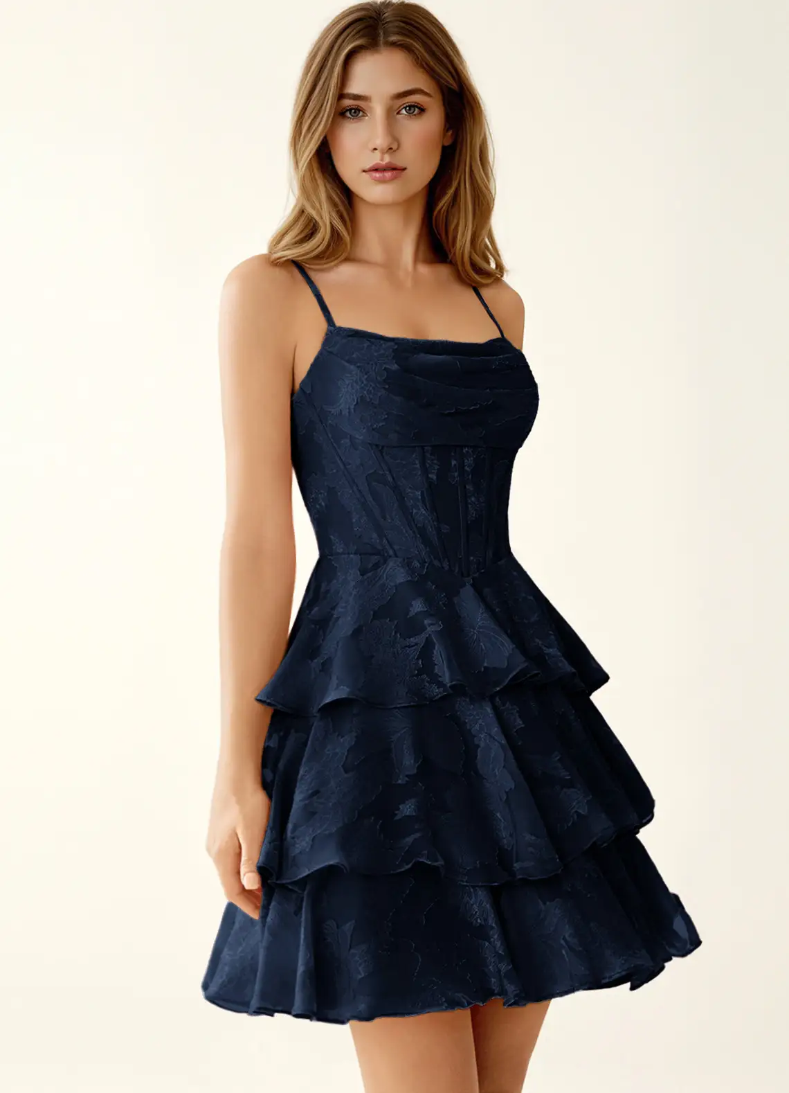 Rietta Navy Jacquard Ruffles Corset Mini Dress
