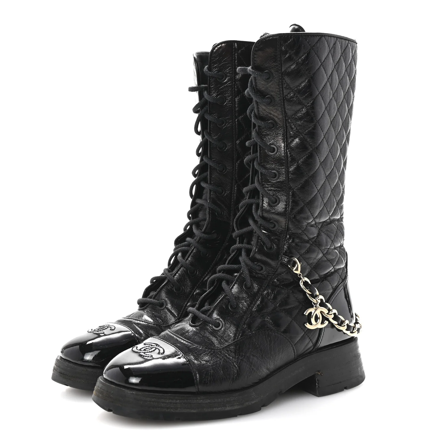 Shiny Calfskin Patent Quilted Chain Lace Up Combat Long Boots 38.5 Black