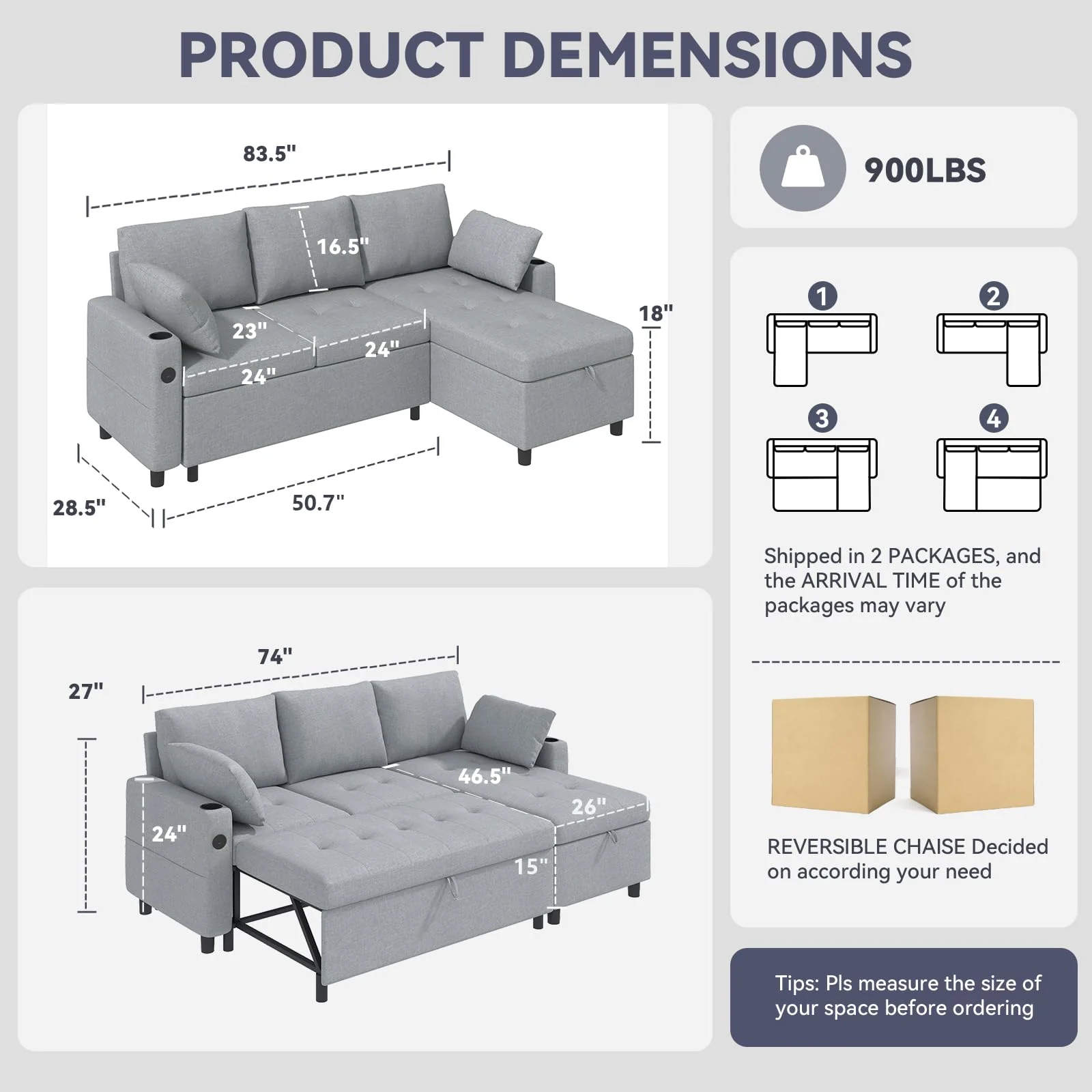 AECOJOY Sleeper Sofa Couch with Pullout Bed, Linen Fabric, Gray