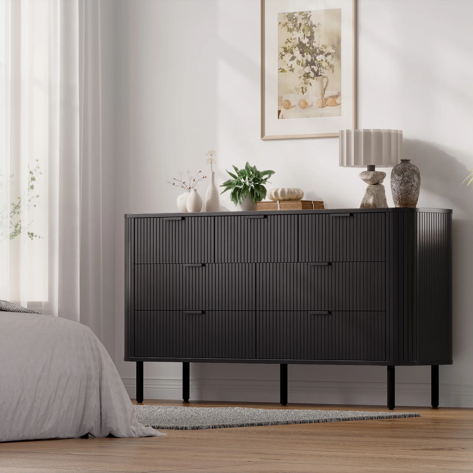 7-Drawer Fluted Dresser for Bedroom, 60 Inch Wide Modern Wood Chest with Metal Handles, Curved Profile Design Also Ideal as TV Stand for Living Room, Hallway, Black(Black) - Image 6