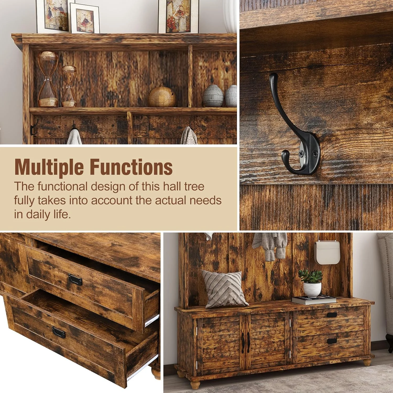 2025 New Hall Tree with 2 Large Drawers and Storage Cabinet, Coat Rack Set with Shoe Bench, Widen Mudroom Bench with 5 Coat Hooks, Hallway Shoe Cabinet for Hallway(Brown)