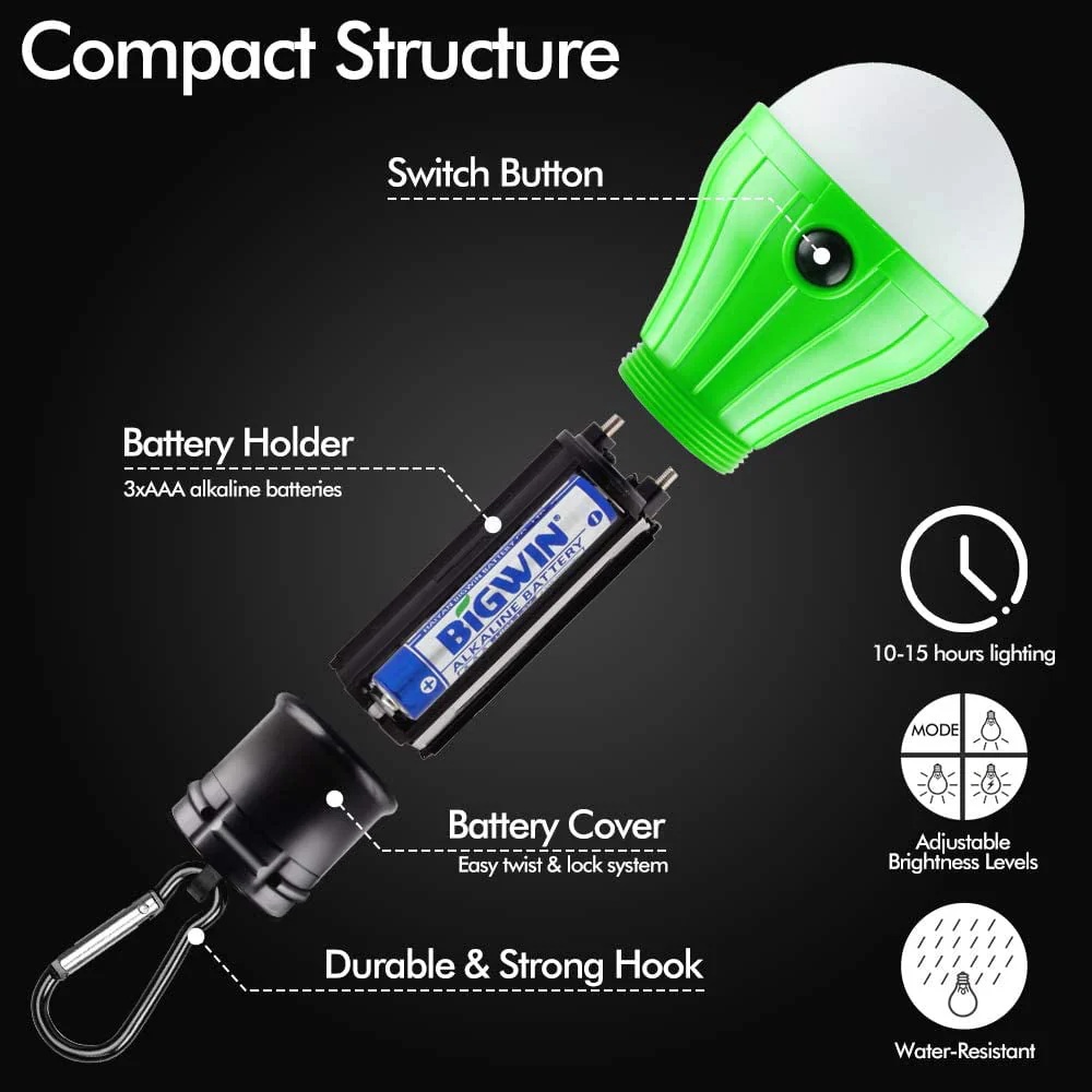 4 Packs LED Camping Light Bulbs Tent Lamp with Clip Hook, Portable Hanging Lantern Battery Powered Emergency Light, Mini Camper Light