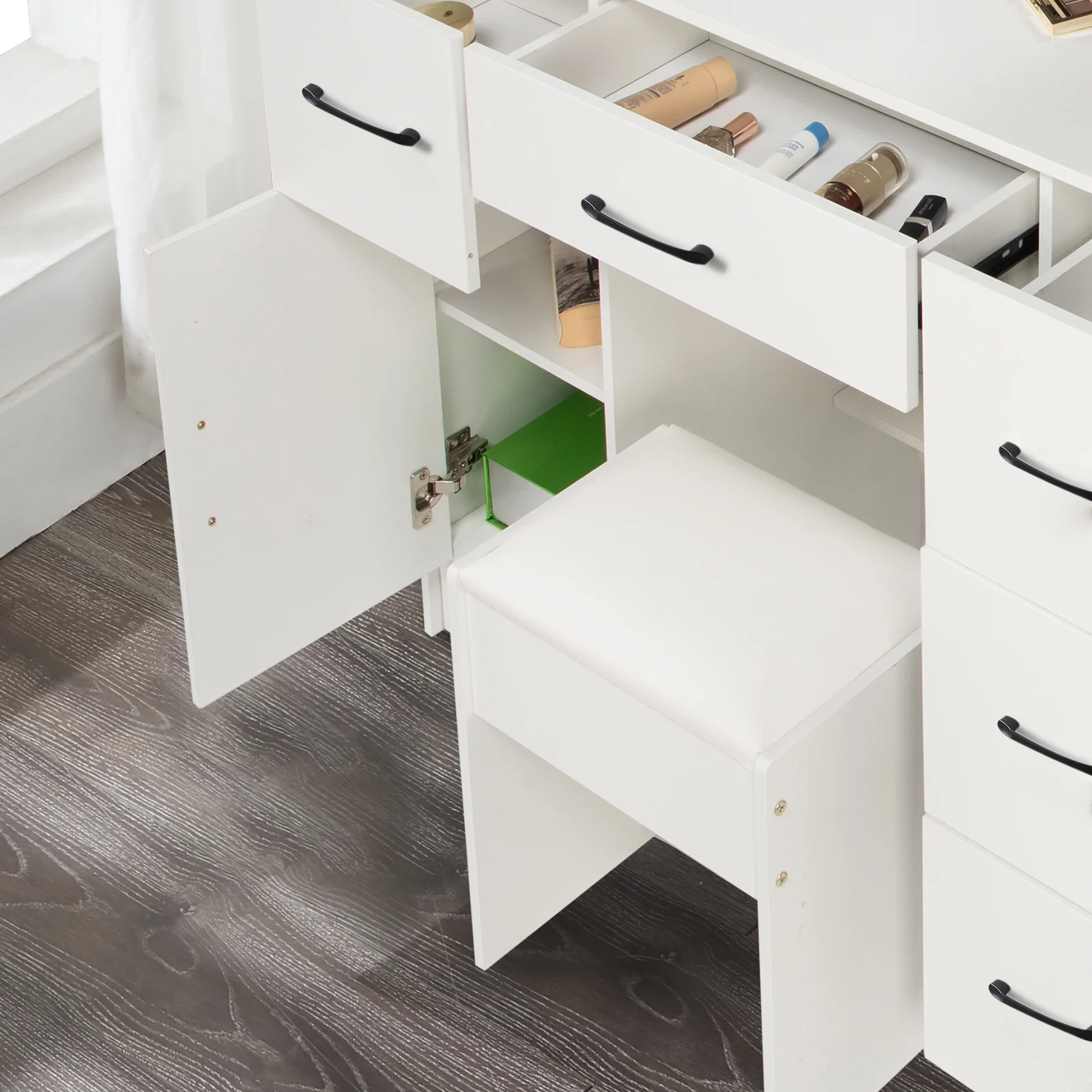 Makeup Vanity with 3 Color Lights, Vanity Desk with Sliding Mirror, Vanity Set Makeup Table, Storage Drawers and Shelves, White - Image 8