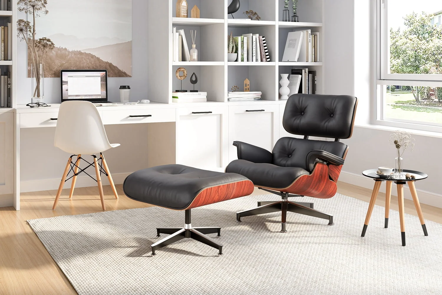 Mid Century Accent Chair and Ottoman Reclining Lounge Chair Upholstered Modern Armchair W/Dark Roséwood Frame, Metal Legs, Black