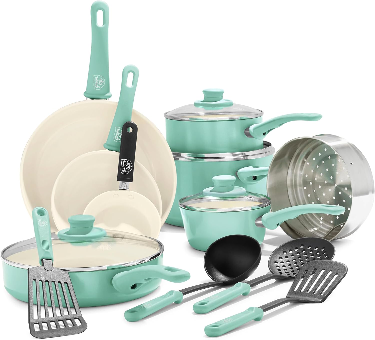 GreenLife 16pc Ceramic Nonstick Pots & Pans Cookware Set, Blush Pink