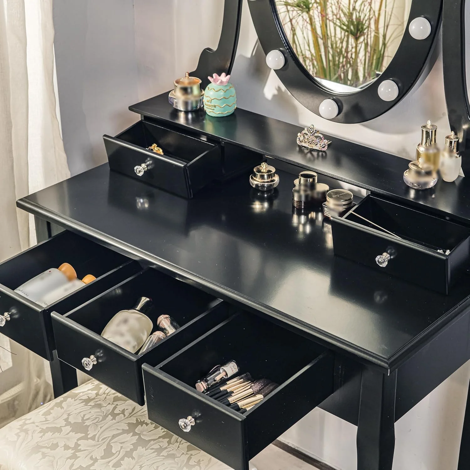 Vanity Desk,Makeup Vanity,with Mirror and Lights,Vanity Desk with Mirror and Lights, Wood Makeup Dressing Table Stool with Oval Mirror 3 Colors Lighting Modes Modern,Black - Image 6