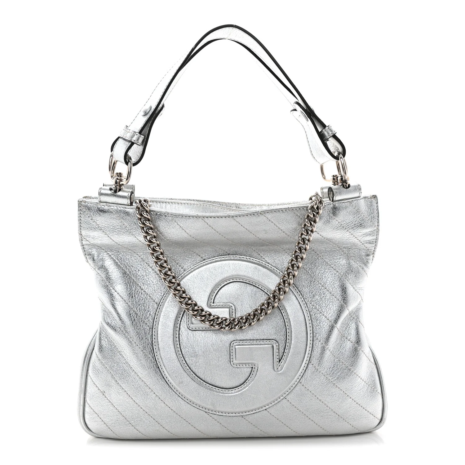 Sakai Be Green Calfskin Diagonal Stitched Small Blondie Tote Silver