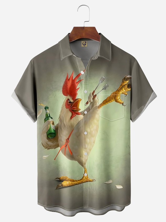 Chemise décontractée à manches courtes avec poche poitrine et motif coq kung-fu
