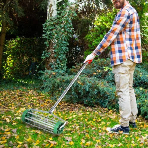 MTB Heavy Duty 18 inch Aerator Roller Rolling Lawn Garden Spike Lawn Aerator Home Grass Steel Handle Green Quick and Easy to Assemble