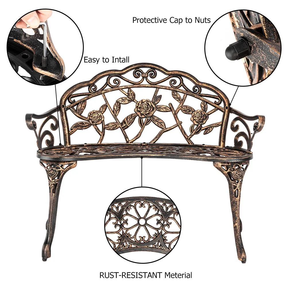 Courtyard Park Outdoor Patio Bench Leisure Rose Cast Aluminum Chair, Metal Loveseat Bench for Garden Patio, Porch, Deck, Bronze(Bronze) - Image 2