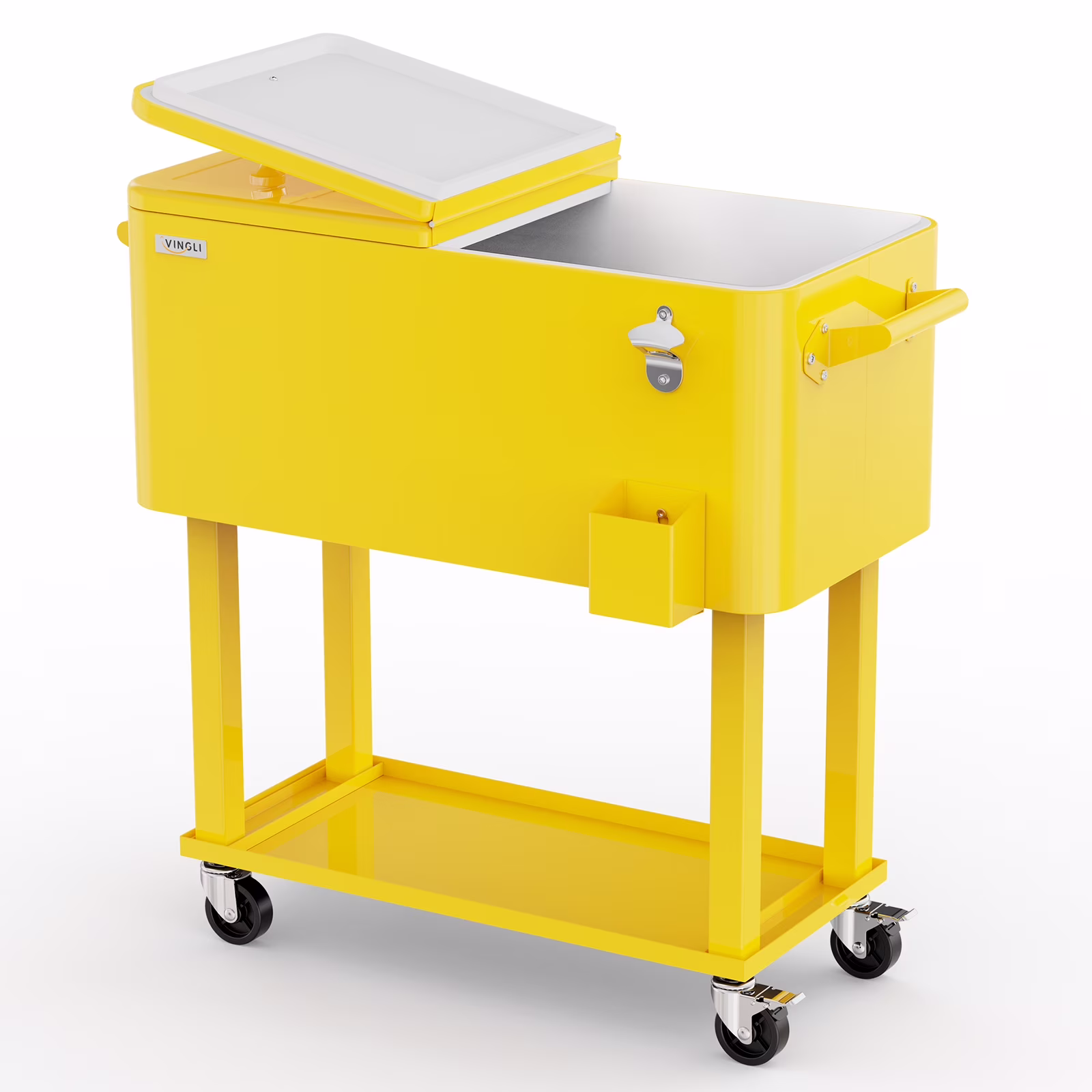 80 Qt Rolling Ice Chest Cooler Cart Outdoor Trolley with Storage Shelf, Bottle Opener Cap Collector for 48 Hour Cold Drinks,Lemon Yellow(Lemon Yellow)