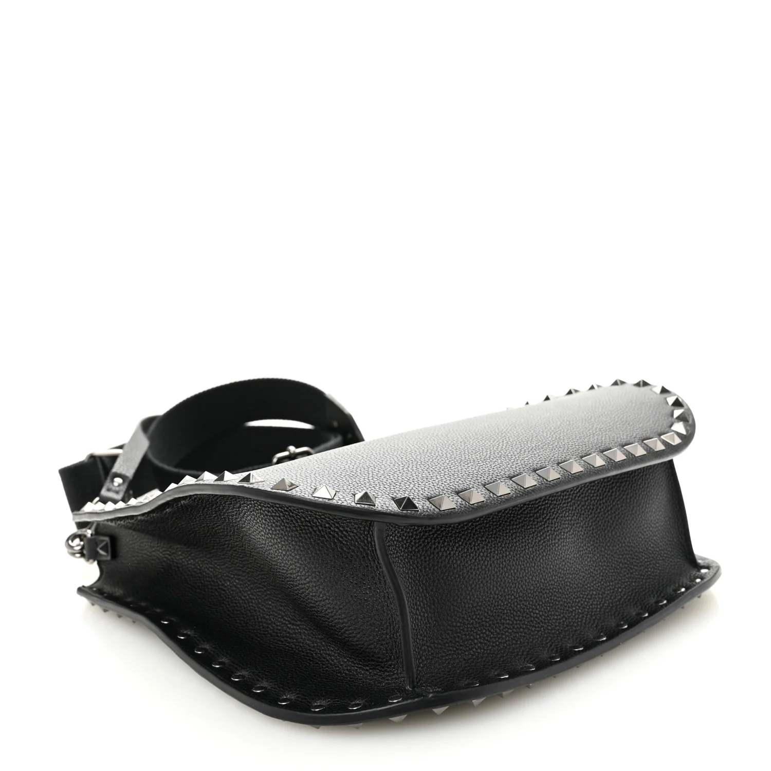 Grained Calfskin Rockstud Hobo Shoulder Bag Black