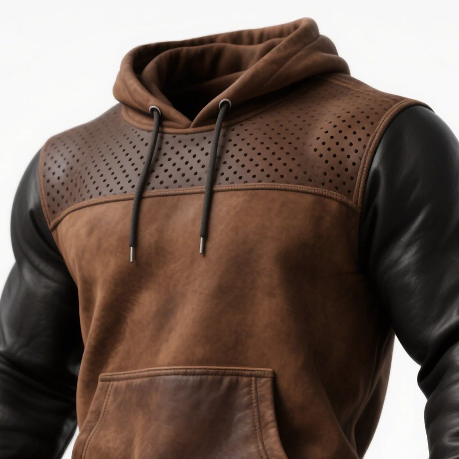 Pull à Capuche en Cuir Marron avec Détails Perforés