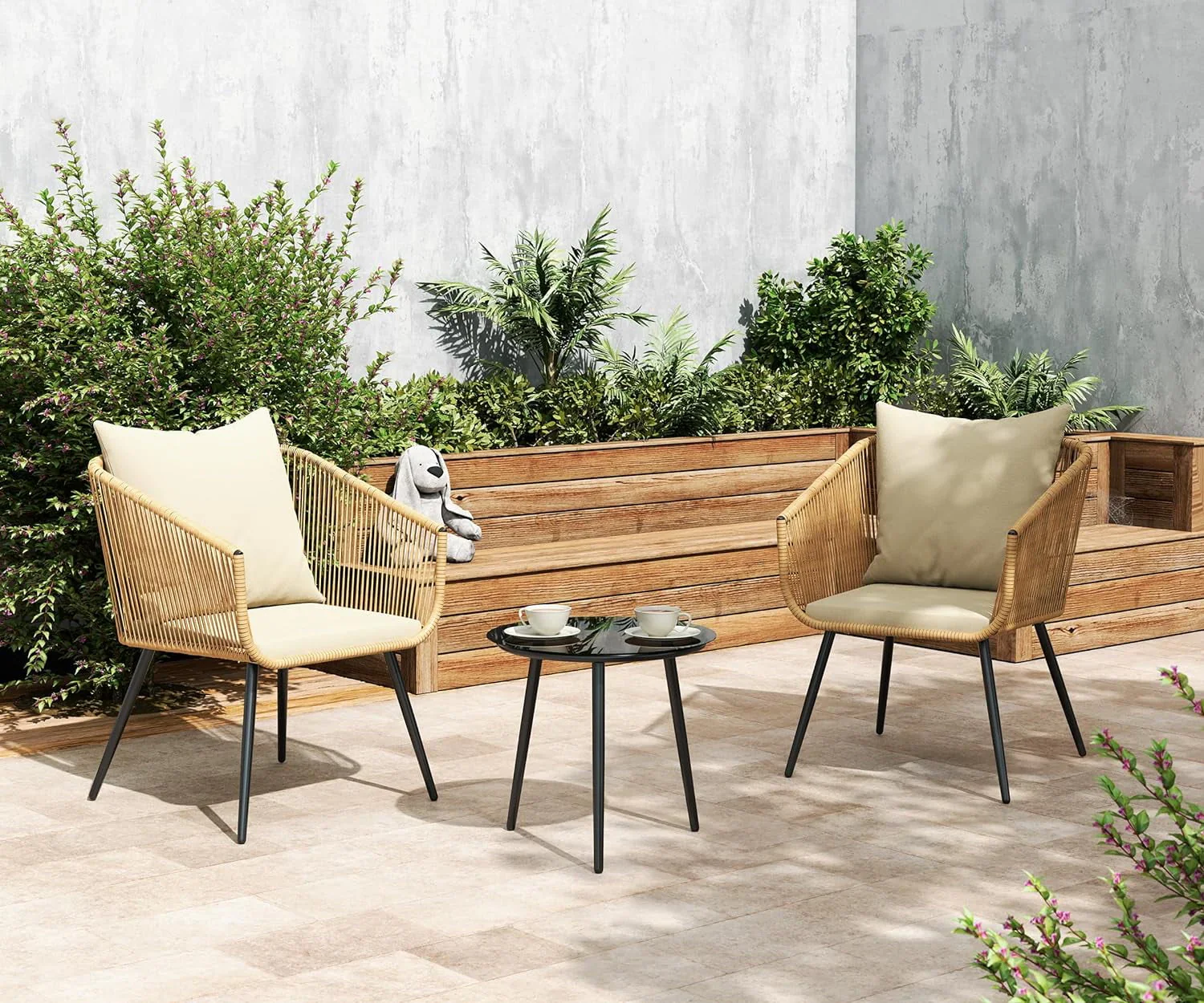 Esmlada 3 Piece Patio Bistro Set, Outdoor All-Weather Conversation Bistro Set w/ 2 Wide Ergonomic Chairs, Cushions&Glass Top Table for Porch, Backyard, Balcony, Garden (Yellow-Beige)