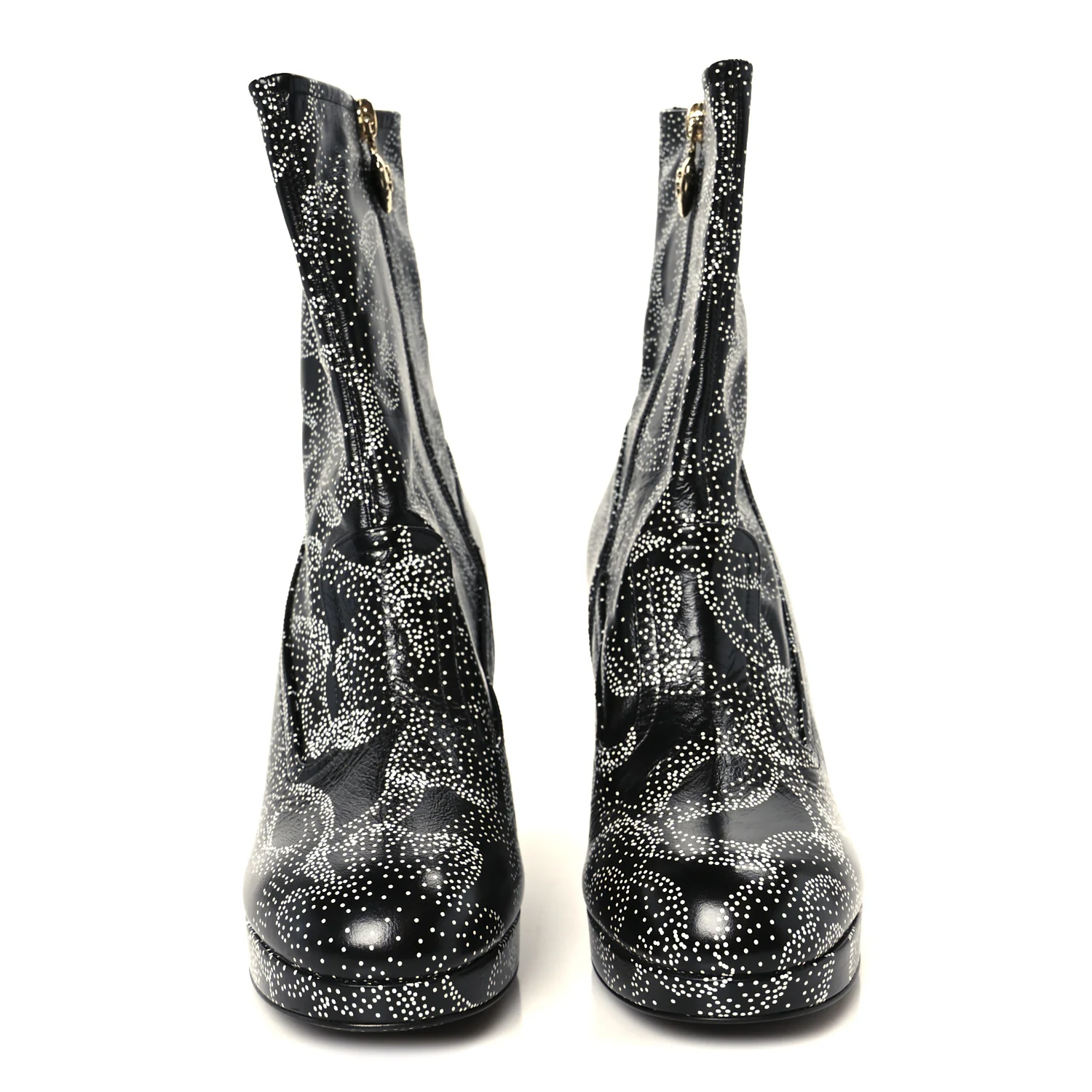 Calfskin Camellia Printed Ankle Boots 39 Black White