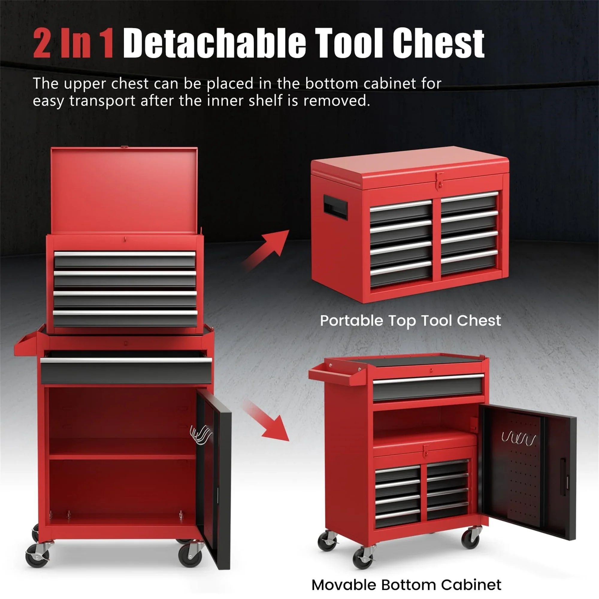 Aukfa Tool Box, 2-in-1 Rolling Tool Chest & Cabinet on Wheels for Garage Workshop, 5-Drawer, Red&Black