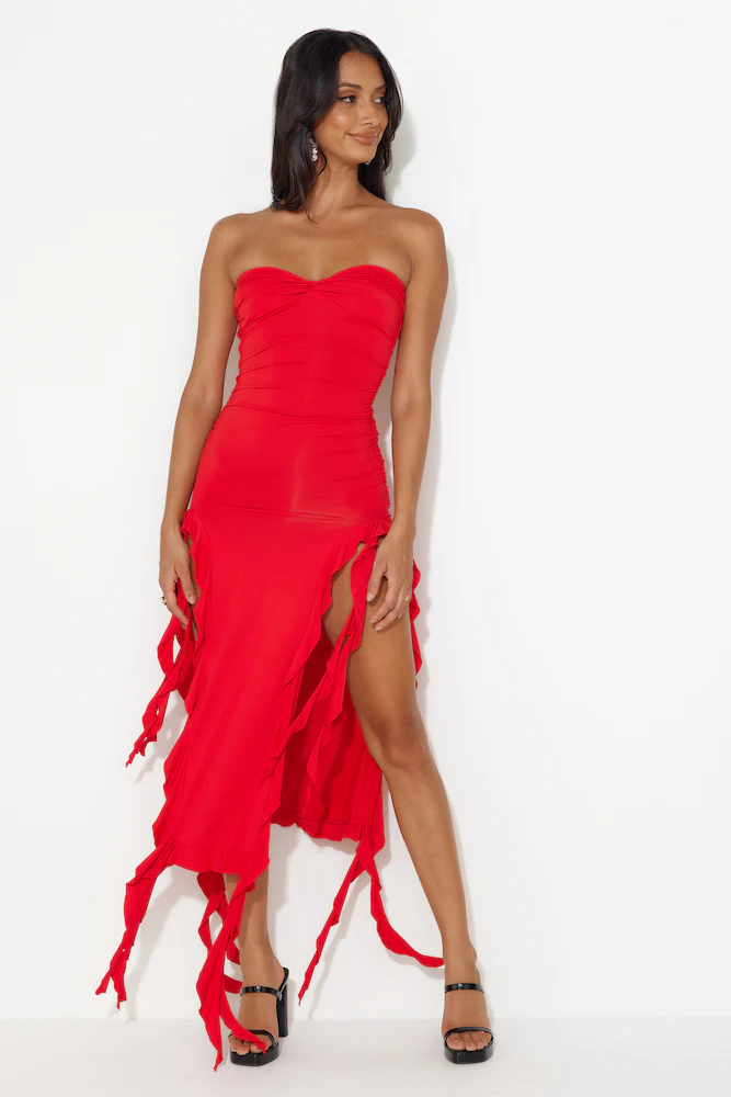 HELLO MOLLY All The Frills Strapless Midi Dress Red