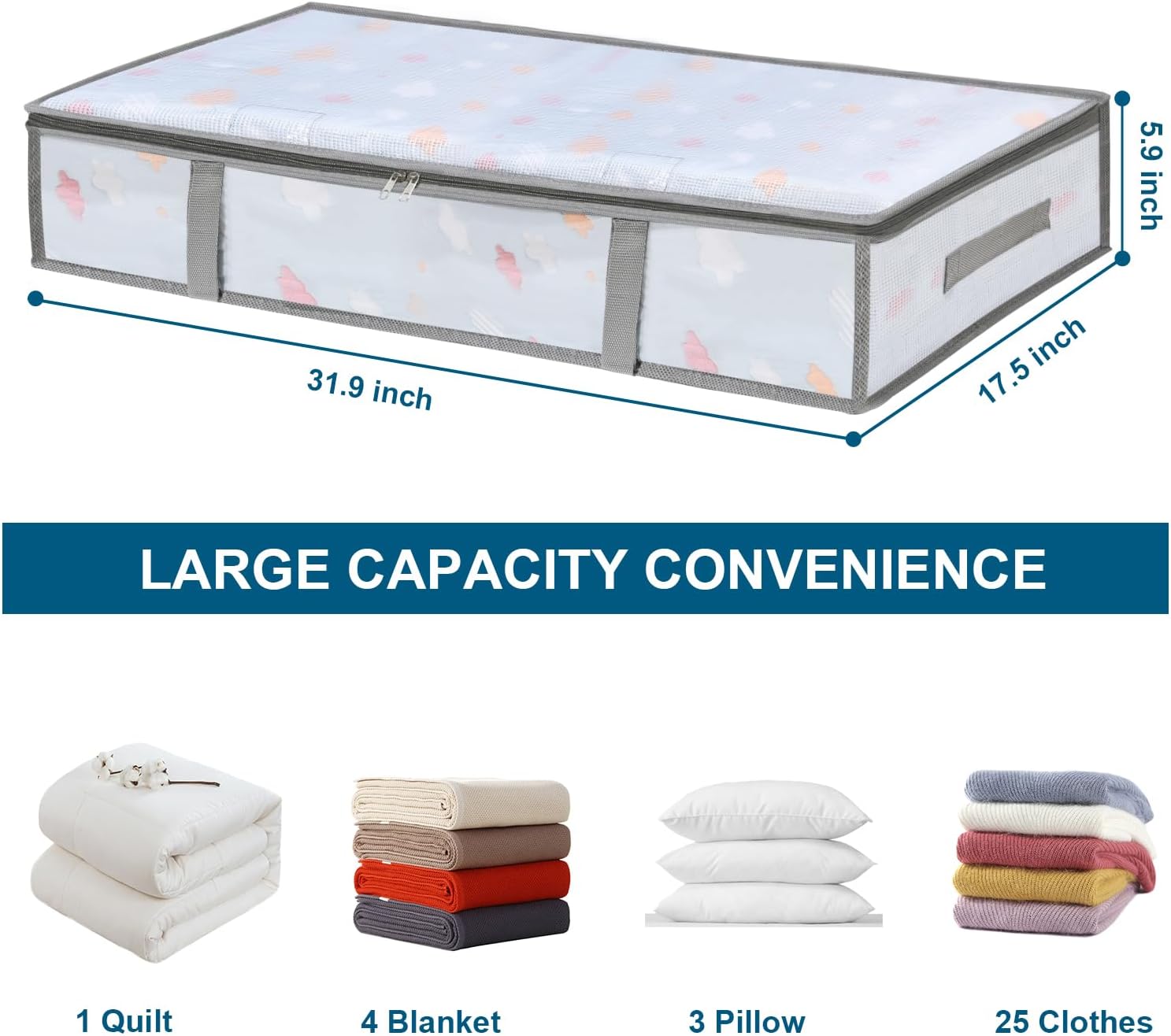 4 Packs Under Bed Storage Containers Bins, Humid-Proof Plastic Underbed Storage Bins, Closet Organizers and Clothes Storage Bags, Under the Bed Blanket Storage with Handles for Clothes, Bedroom
