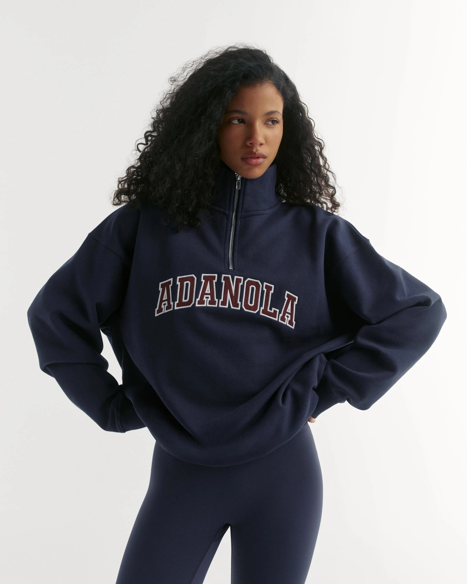 Varsity Relaxed Funnel Neck Zip Sweatshirt - Navy Blue/Mulberry Red
