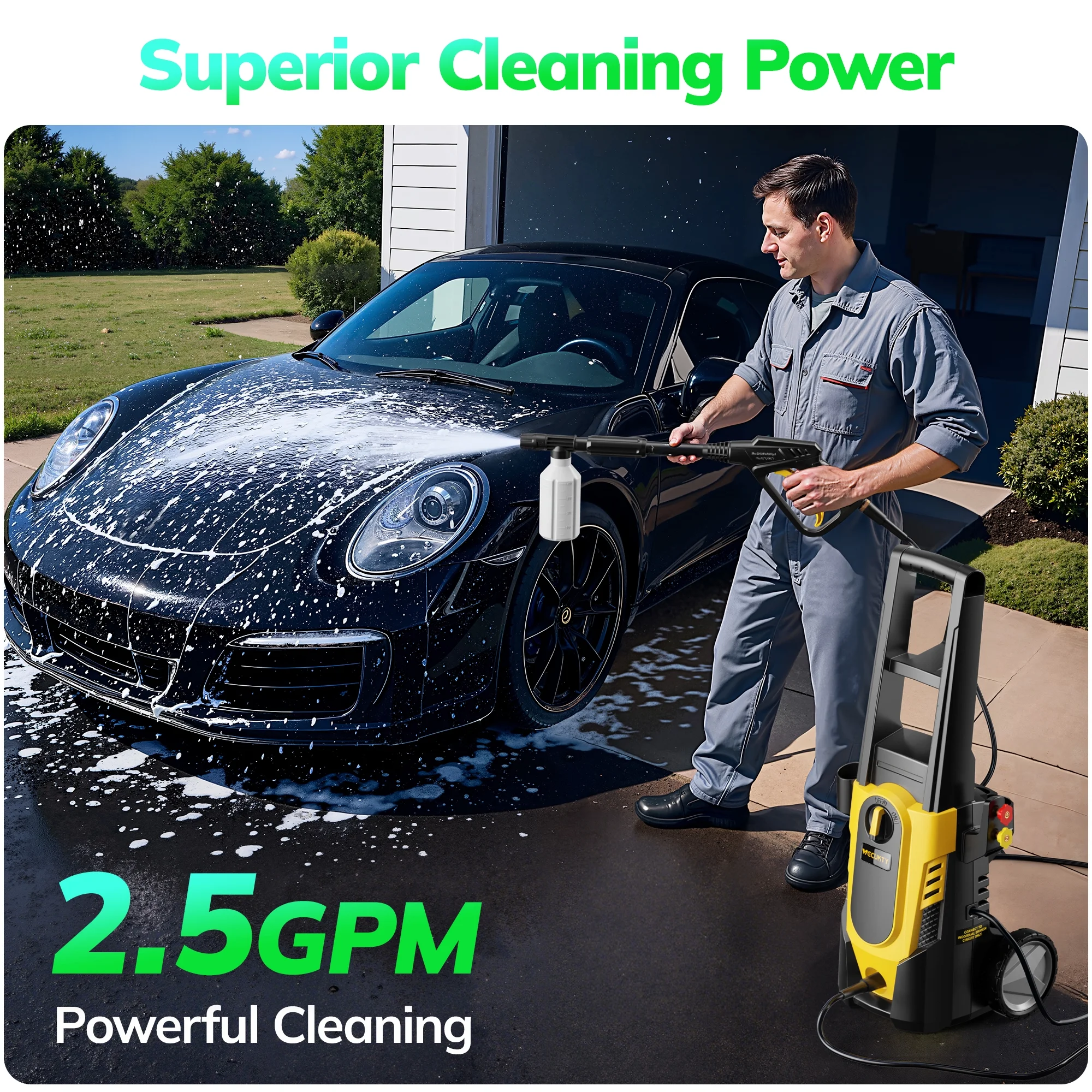VECUKTY Electric Pressure Washer, 3700 PSI Max 2.5 GPM Power Washer with 35FT Cord, 20FT Hose, 4 Quick Nozzles, Foam Cannon for Car Garden Patio