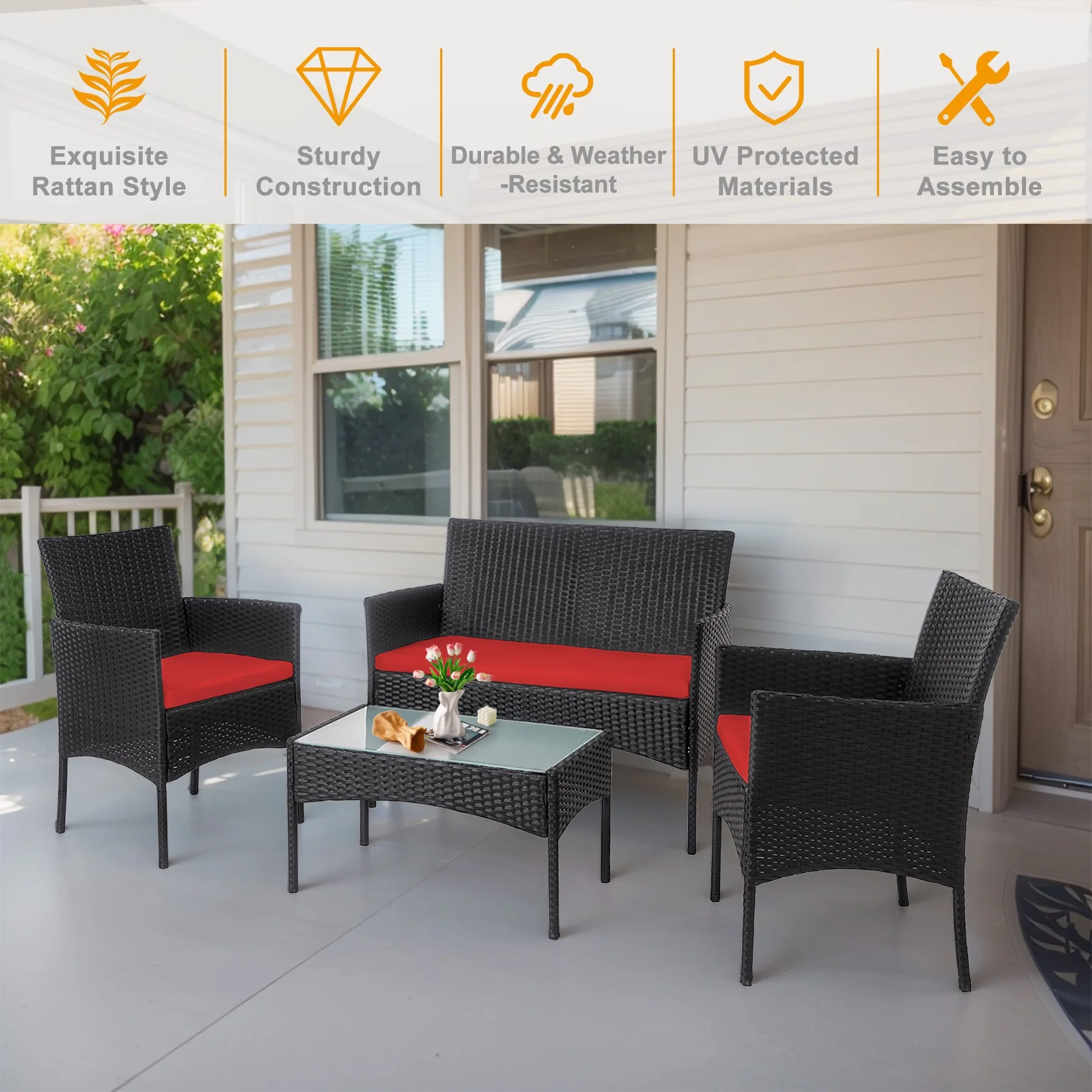 4 Piece Patio Conversation Wicker Furniture Set, Porch Furniture Outdoor Sectional Furniture Set w/Coffee Table Cushions Wicker Sofa Garden Conversation Set for Yard Pool Backyard,Black/Red(Red) - Image 2
