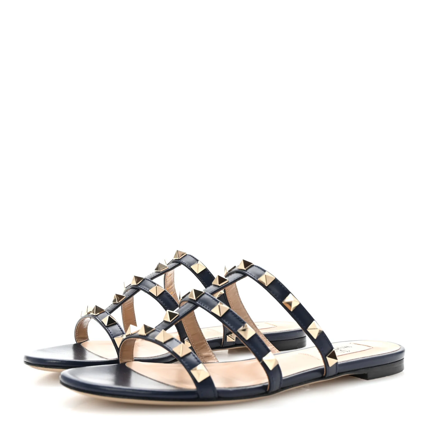 Nappa Rockstud Caged Flat Slide Sandals 35 Marine