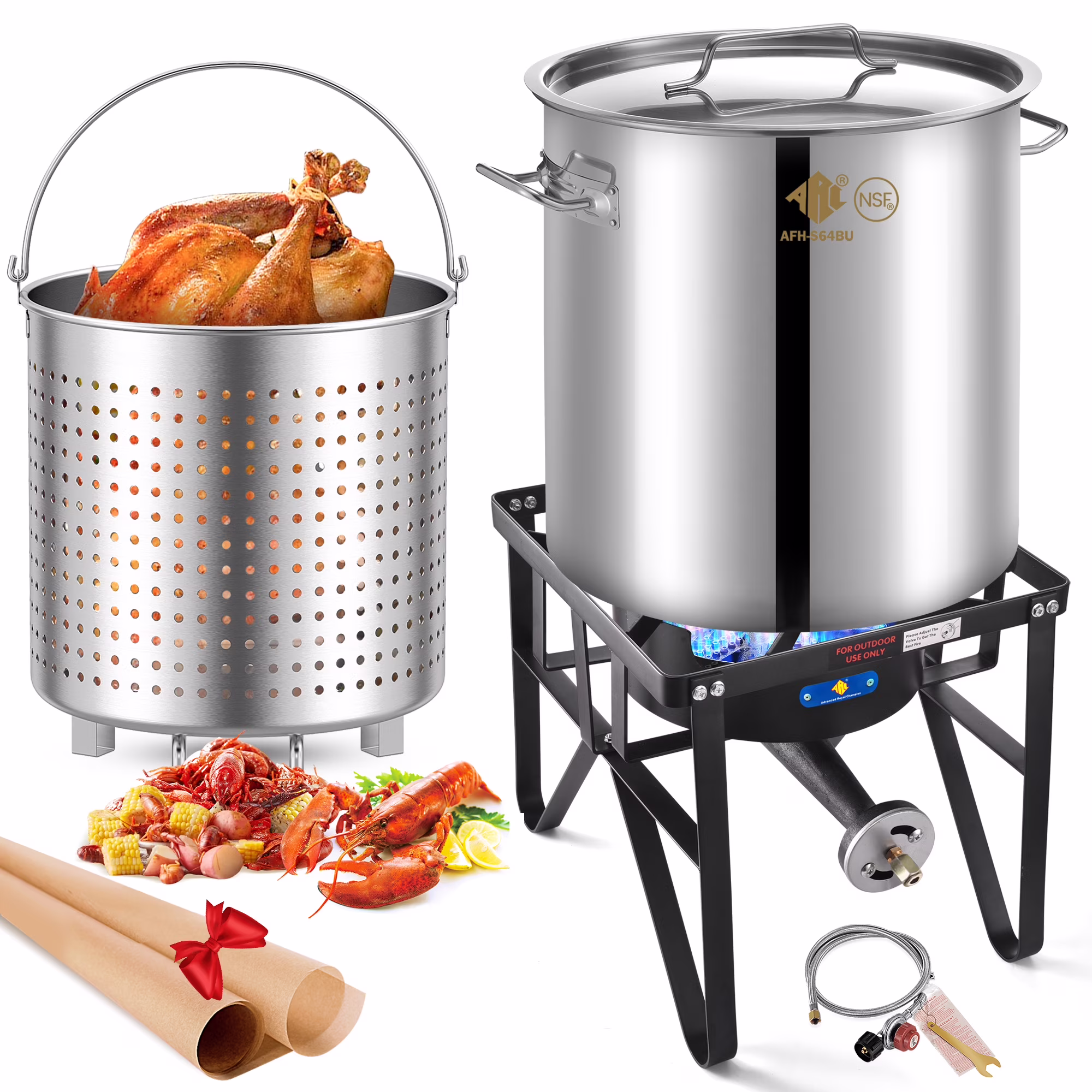 64QT Stainless Steel Seafood Boil Pot with 200,000BTU Single Burner Propane Stove, Heavy Duty Propane Burner For Outdoor Cooking Turkey Fryer, Crawfish Boil, Homebrewing(64QT Pot + Stove)