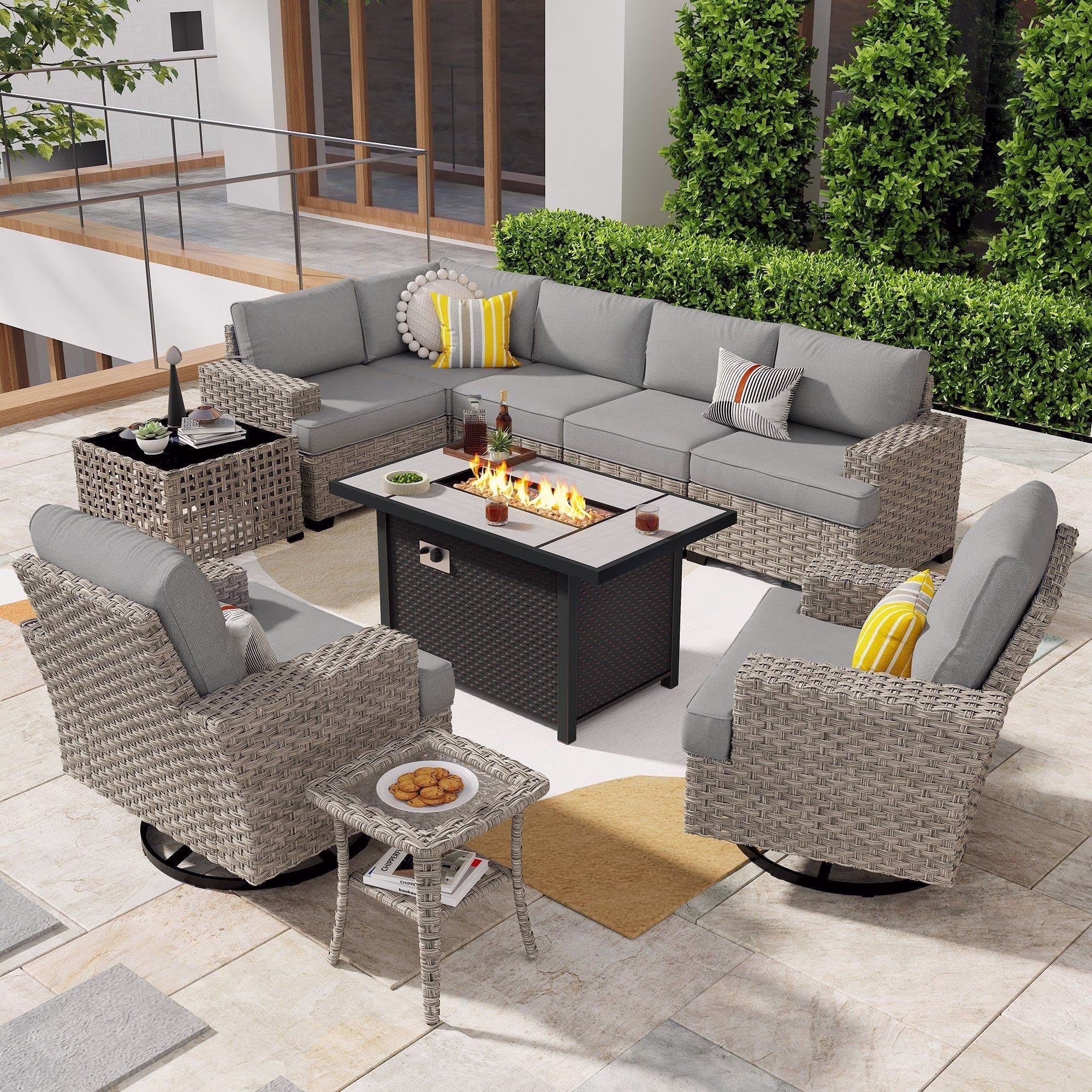 10 Pieces Outdoor Patio Furniture Modern High-Back All-Weather Wicker Sectional Conversation Set with Propane Fire Pit Table Swivel Chair, Dark Gray(Dark Gray)