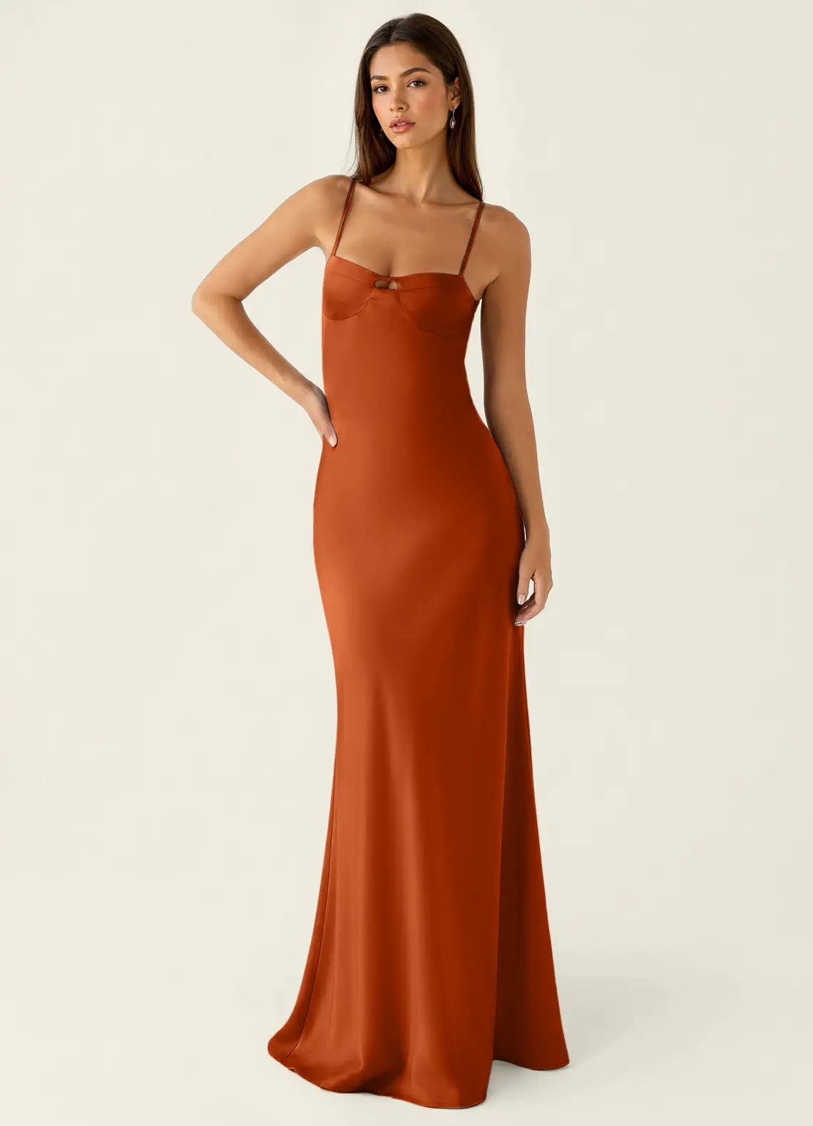 Stasiam Burnt Orange Stain Open Back Party Dress