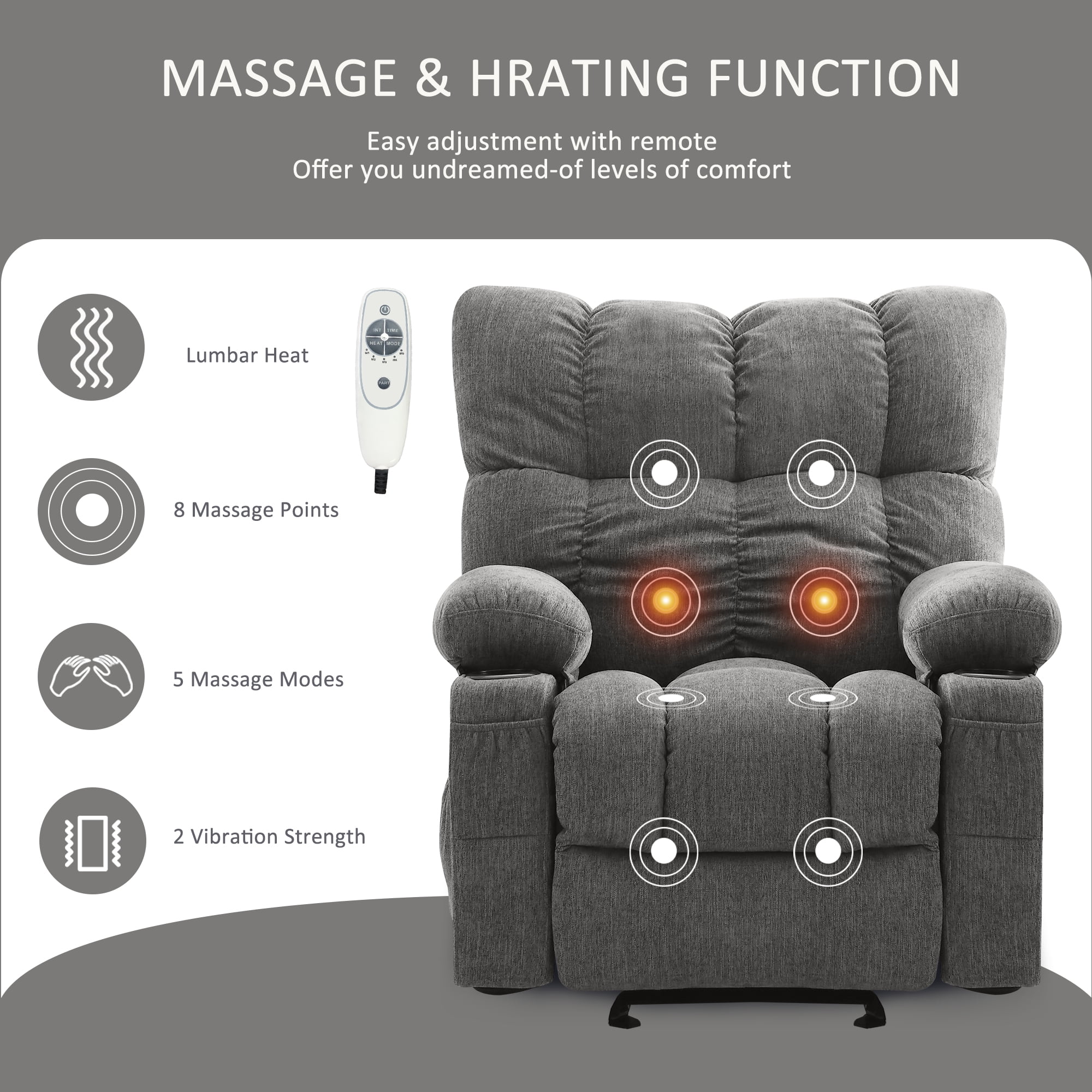 Manual Recliner Chair with Heat Therapy and Massage Function, Heavy Duty Reclining Mechanism Massage Chair, Elderly Single Rocker Sofa with Cup Holders for Bedroom Home Theater,Grey(Regular-Grey) - Image 4